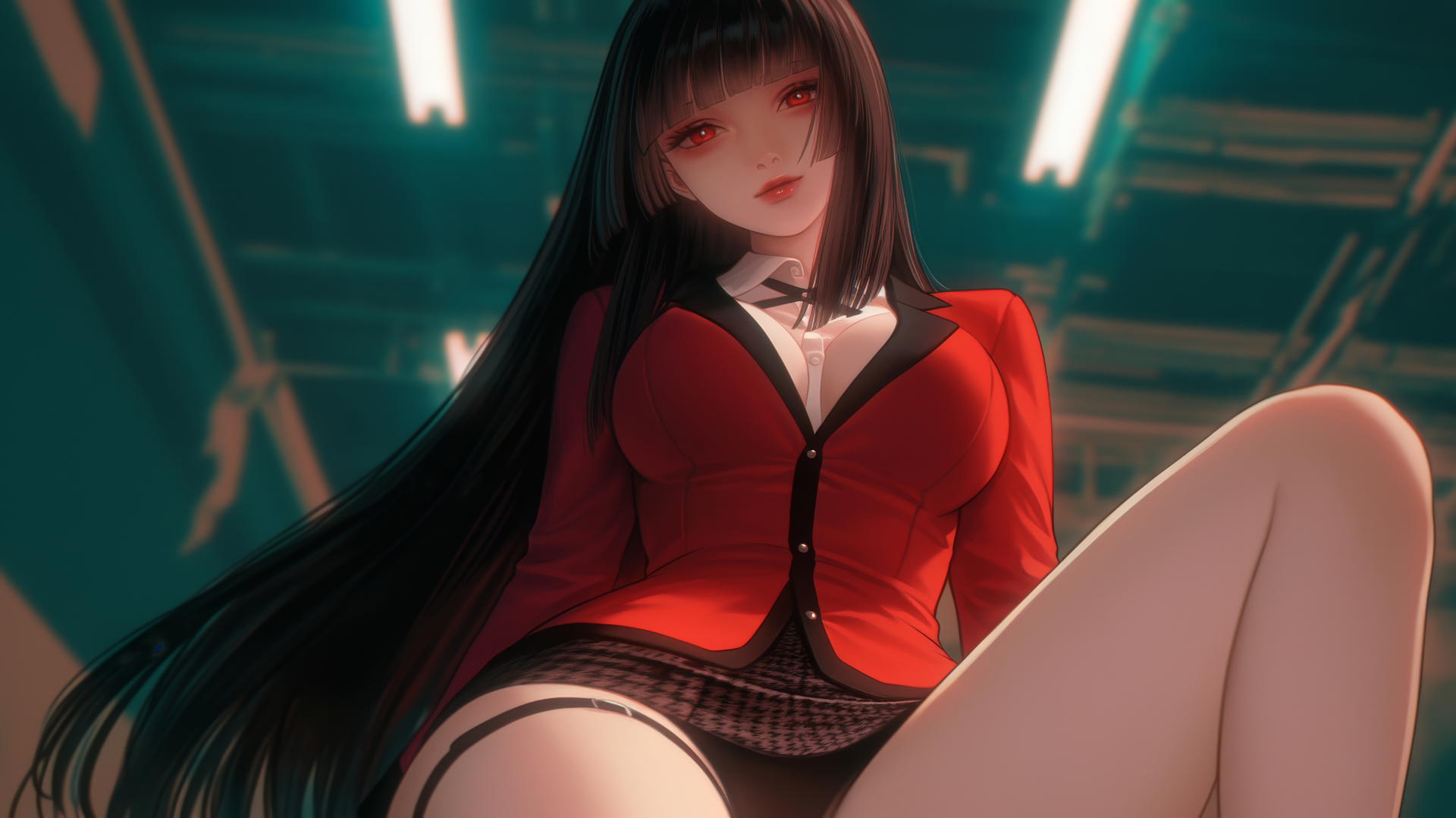 Yumeko Jabami kneeling and leaning forward with red eyes, seen from below.