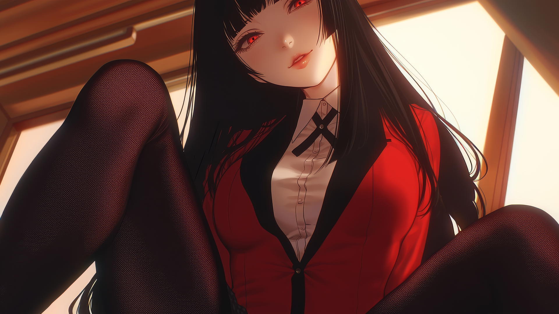 Yumeko Jabami kneeling, looking down with hime-cut black hair and red eyes