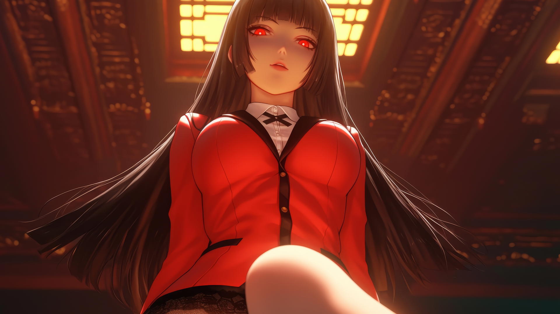 Yumeko Jabami from Kakegurui kneeling and leaning with a soft warm glow