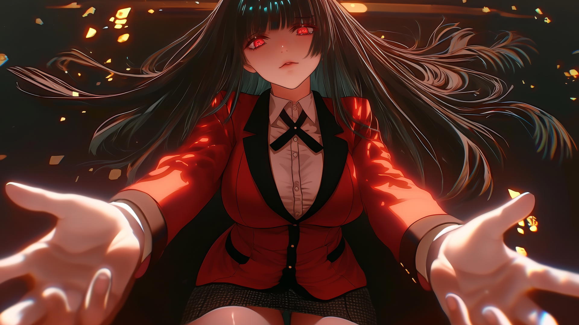 Yumeko Jabami from Kakegurui kneeling and leaning forward with a soft warm glow.