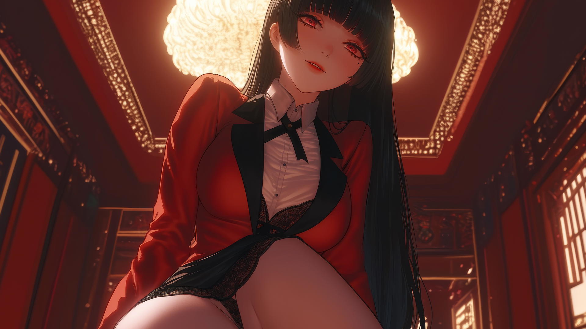 Yumeko Jabami from Kakegurui, kneeling and leaning with red eyes, hime-cut hair, ceiling background