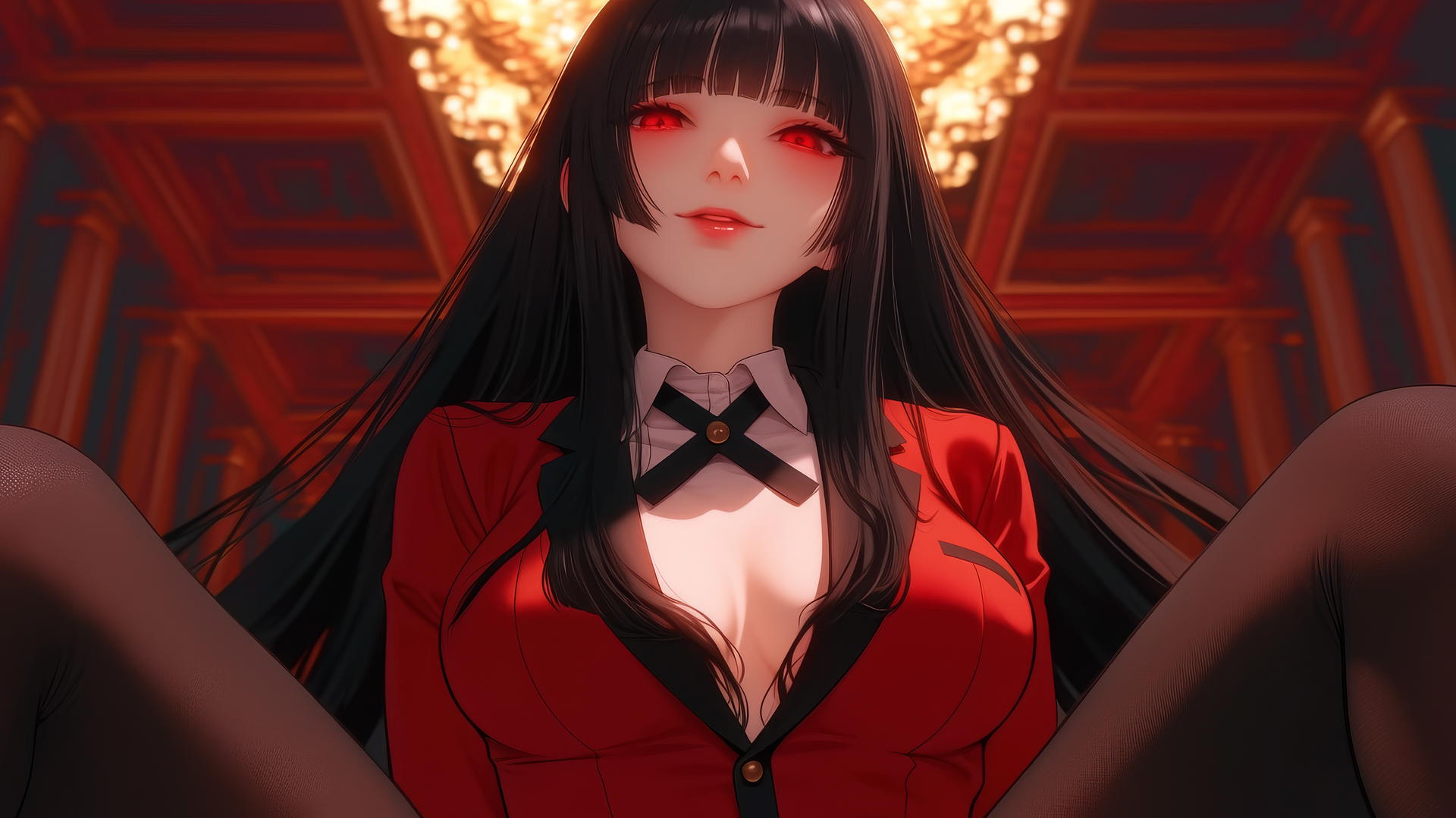 Yumeko Jabami from Kakegurui kneeling and leaning forward with warm light.