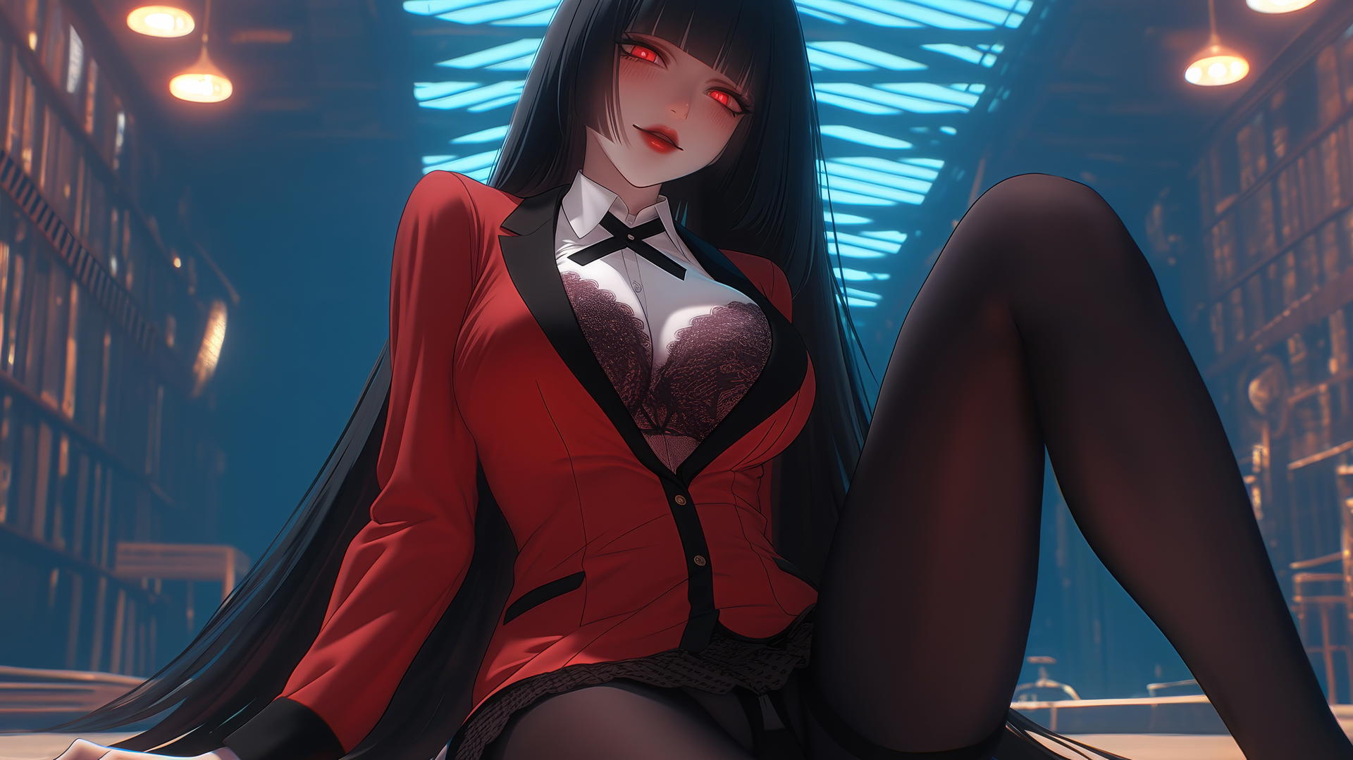 Yumeko Jabami with long thick black hair, hime-cut, bright red eyes, kneeling and leaning towards viewer, ceiling background, warm light glow.