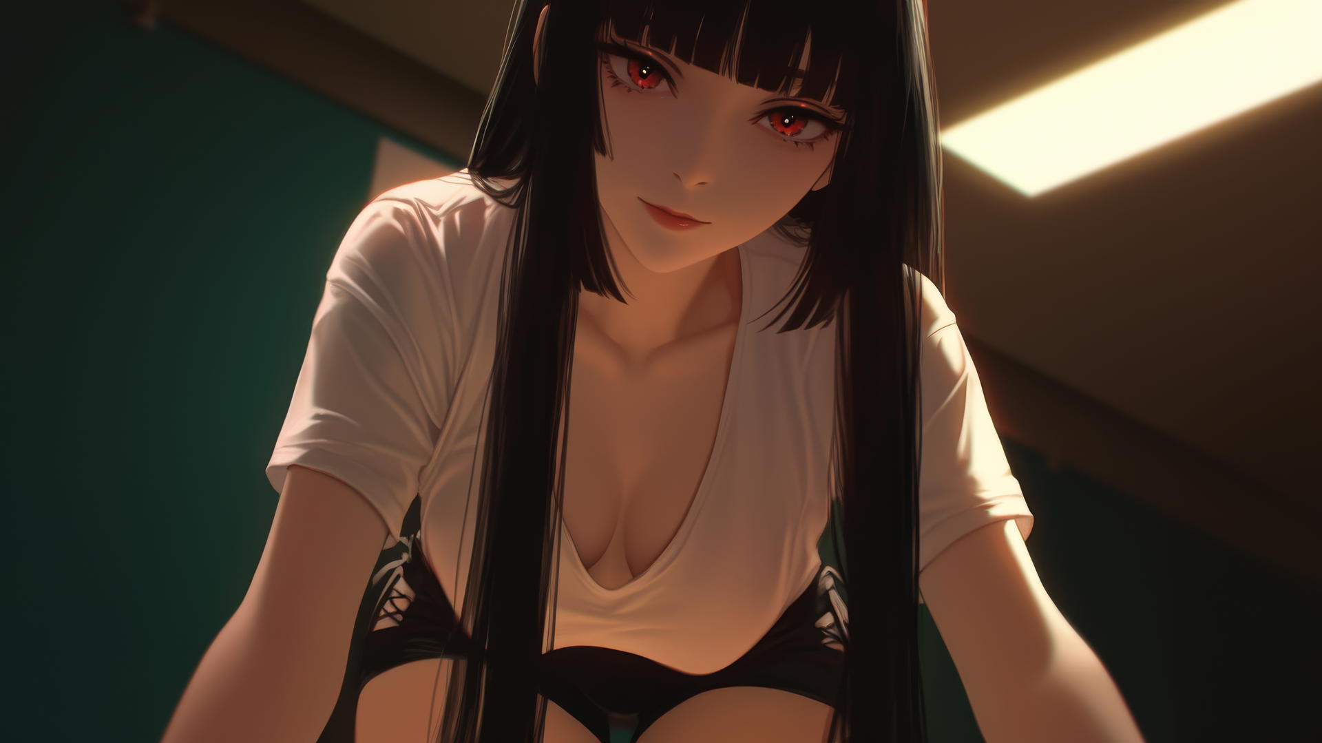 Yumeko Jabami from Kakegurui kneeling in white t-shirt with hime-cut hair and red eyes