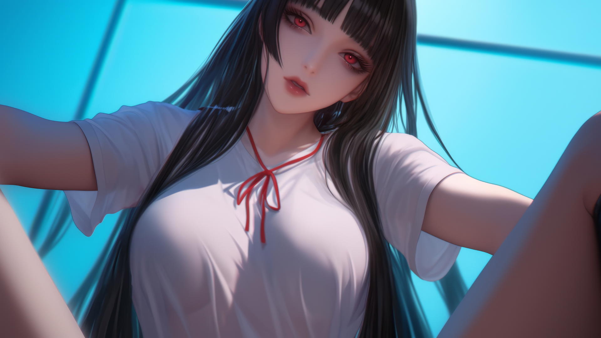 Yumeko Jabami kneeling, leaning forward, with hime-cut black hair and red eyes