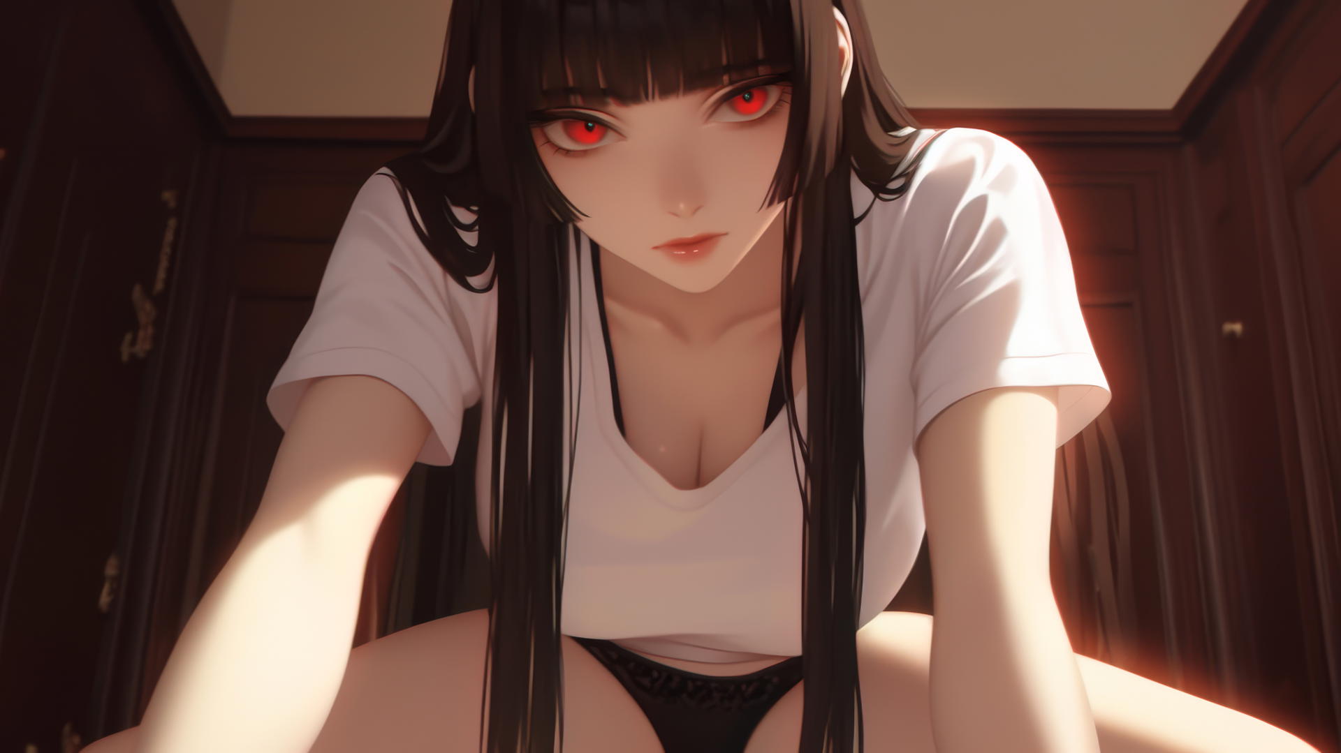 Yumeko Jabami in white t-shirt kneeling and leaning, seen from below, with long thick black hair and red eyes.