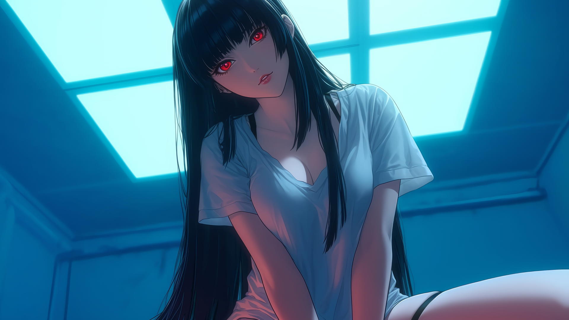 Yumeko Jabami kneeling in white shirt with warm light glow