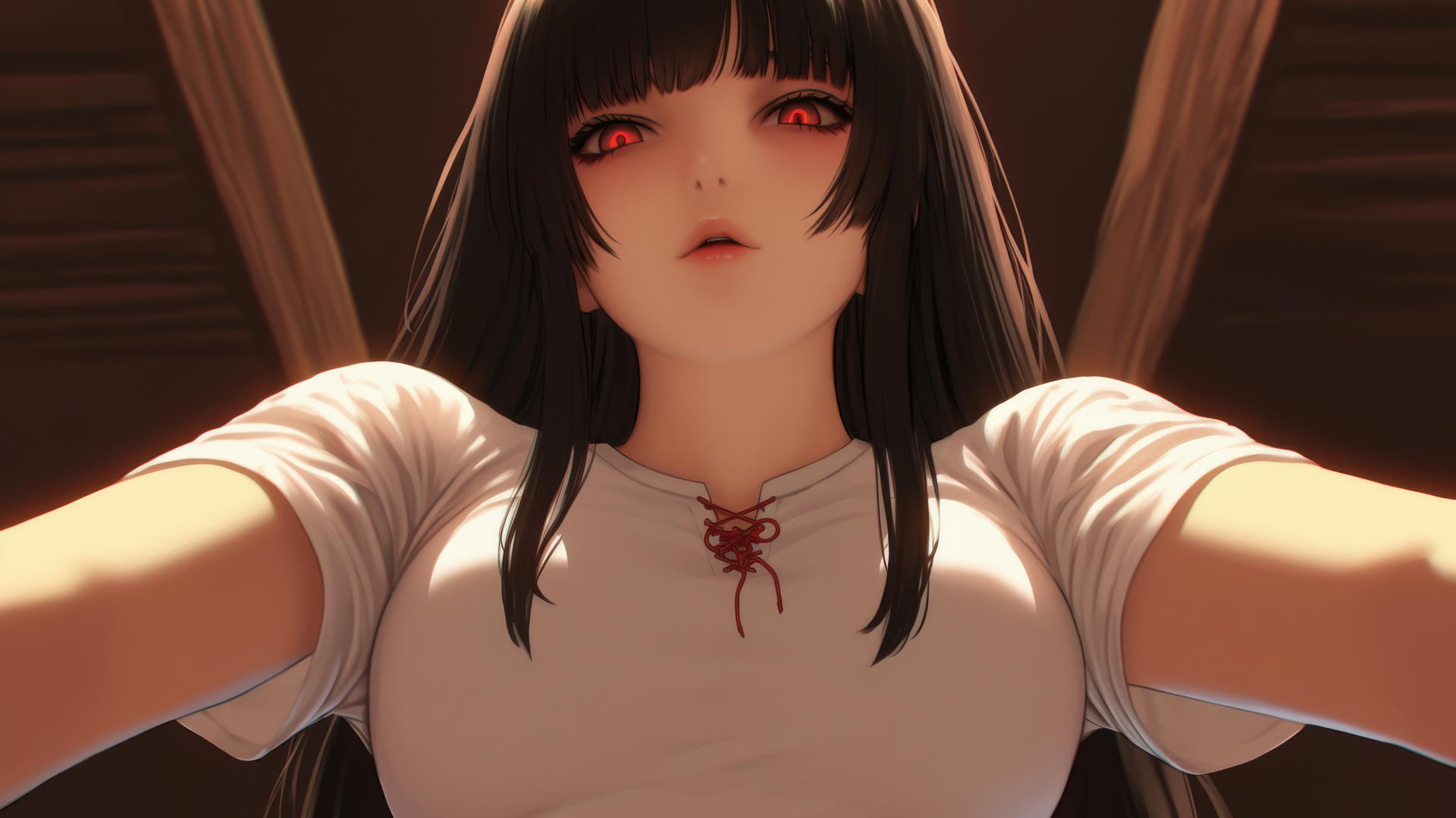 Yumeko Jabami kneeling in white t-shirt with warm light, ceiling background