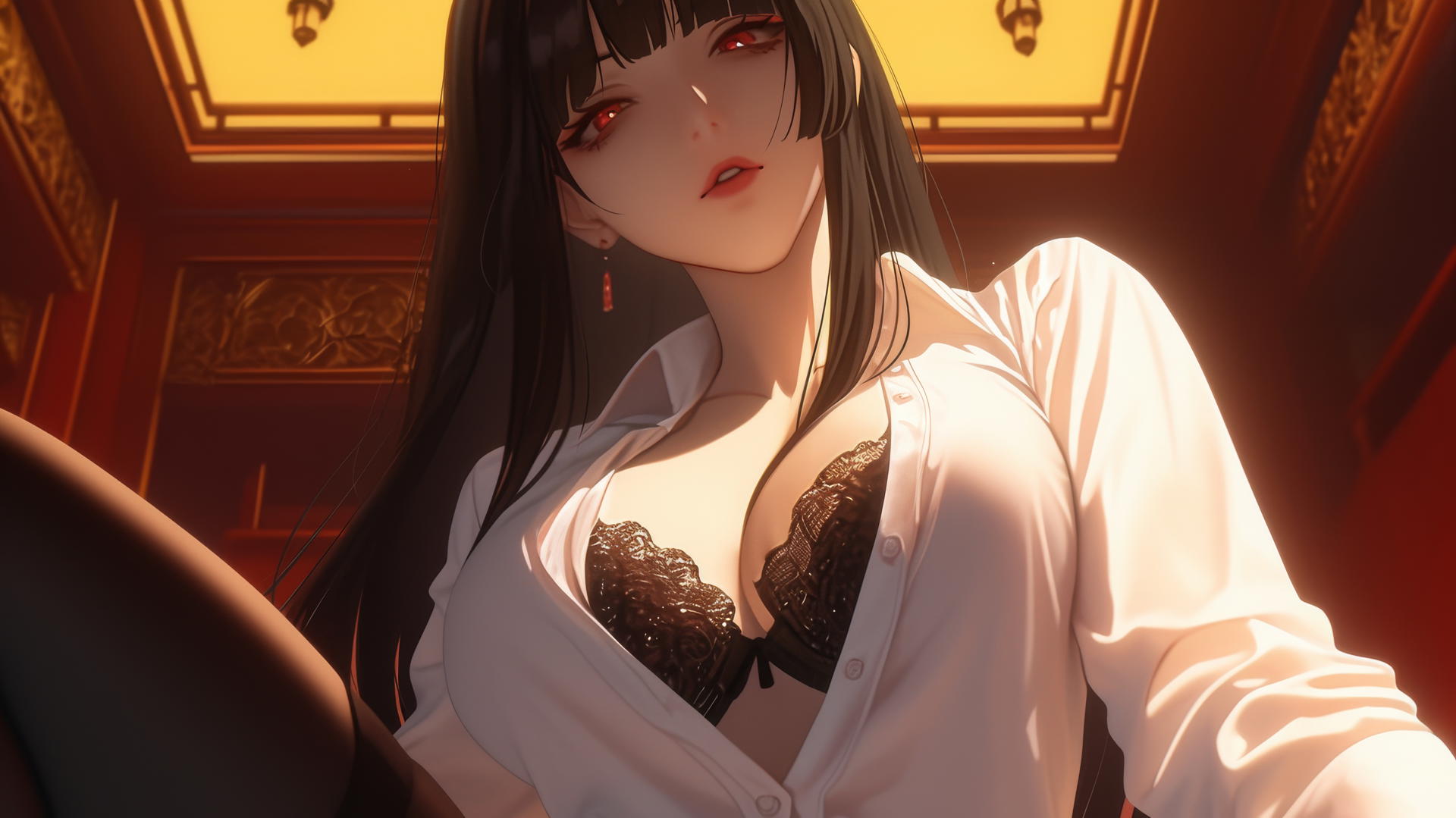 Yumeko Jabami kneeling and leaning forward with warm light and ceiling background