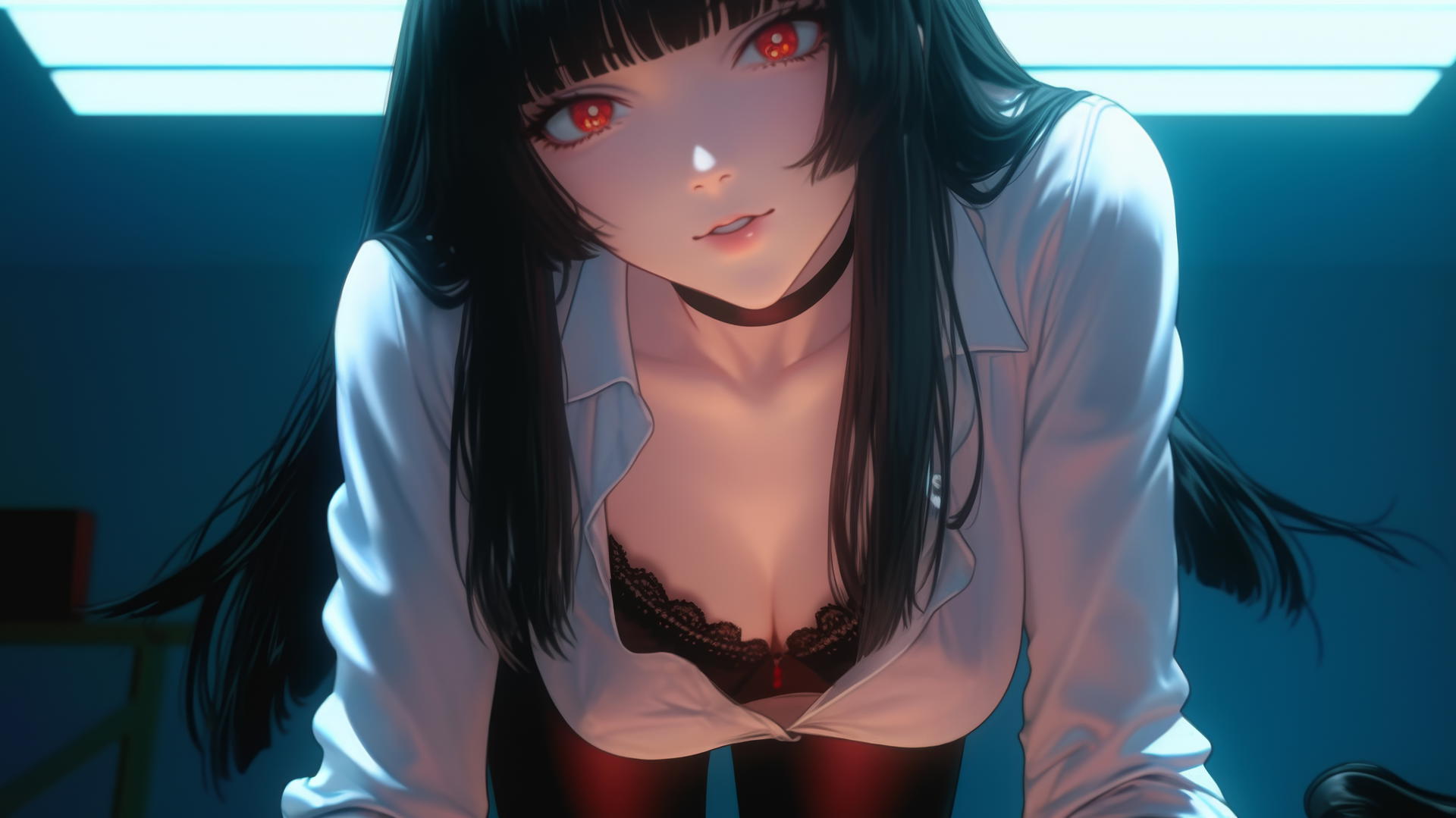 Yumeko Jabami kneeling, wearing white shirt, leaning forward, hime-cut hair, red eyes, warm light