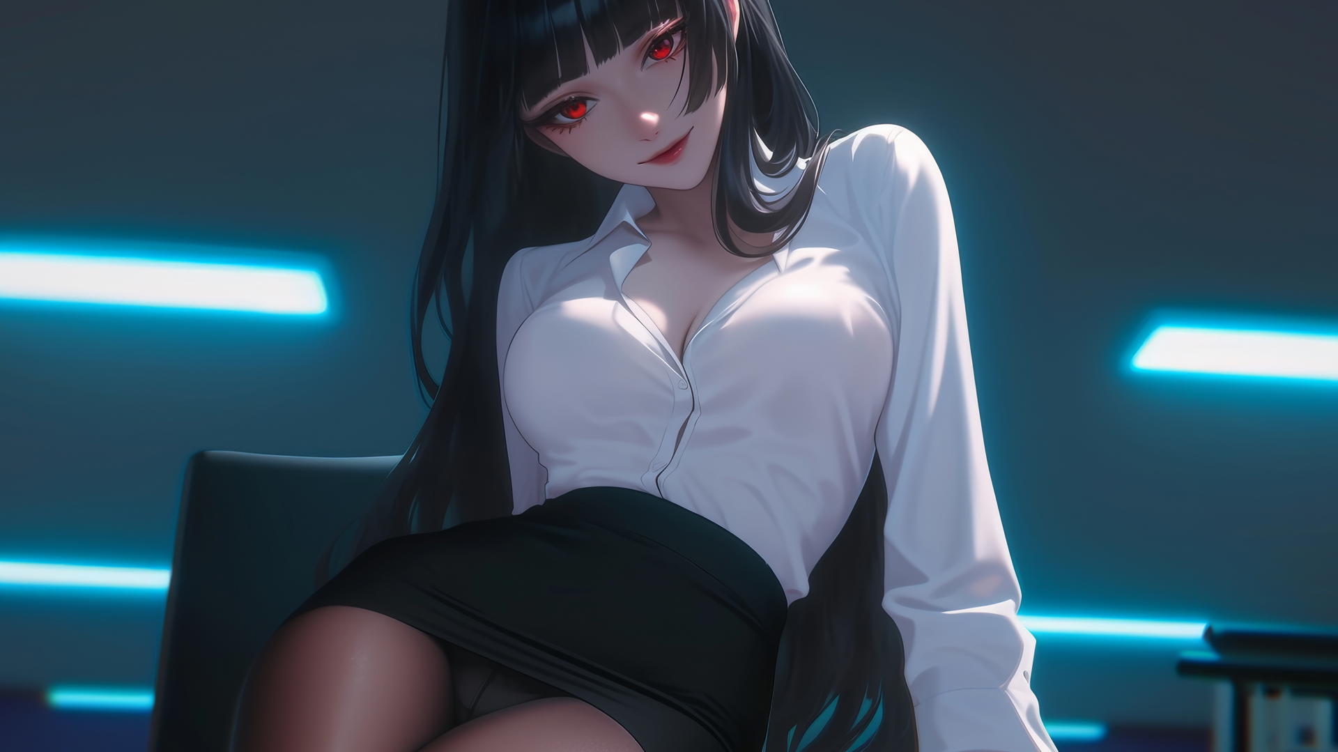 Yumeko Jabami from Kakegurui in a white office shirt, kneeling and leaning downward with red eyes and hime-cut black hair, against a ceiling backdrop.
