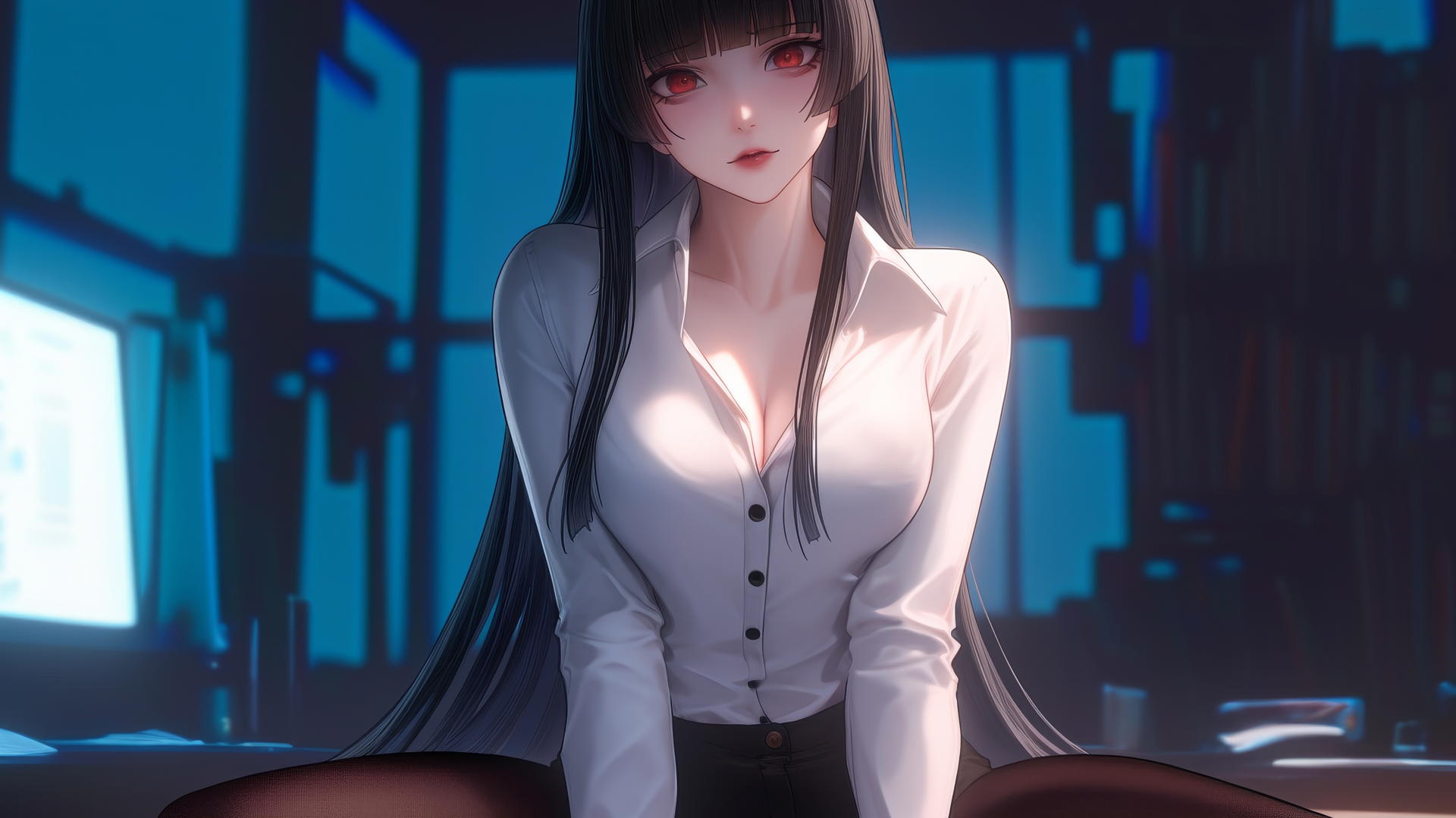 Yumeko Jabami from Kakegurui in a white office shirt kneeling and leaning forward with warm light and ceiling background.