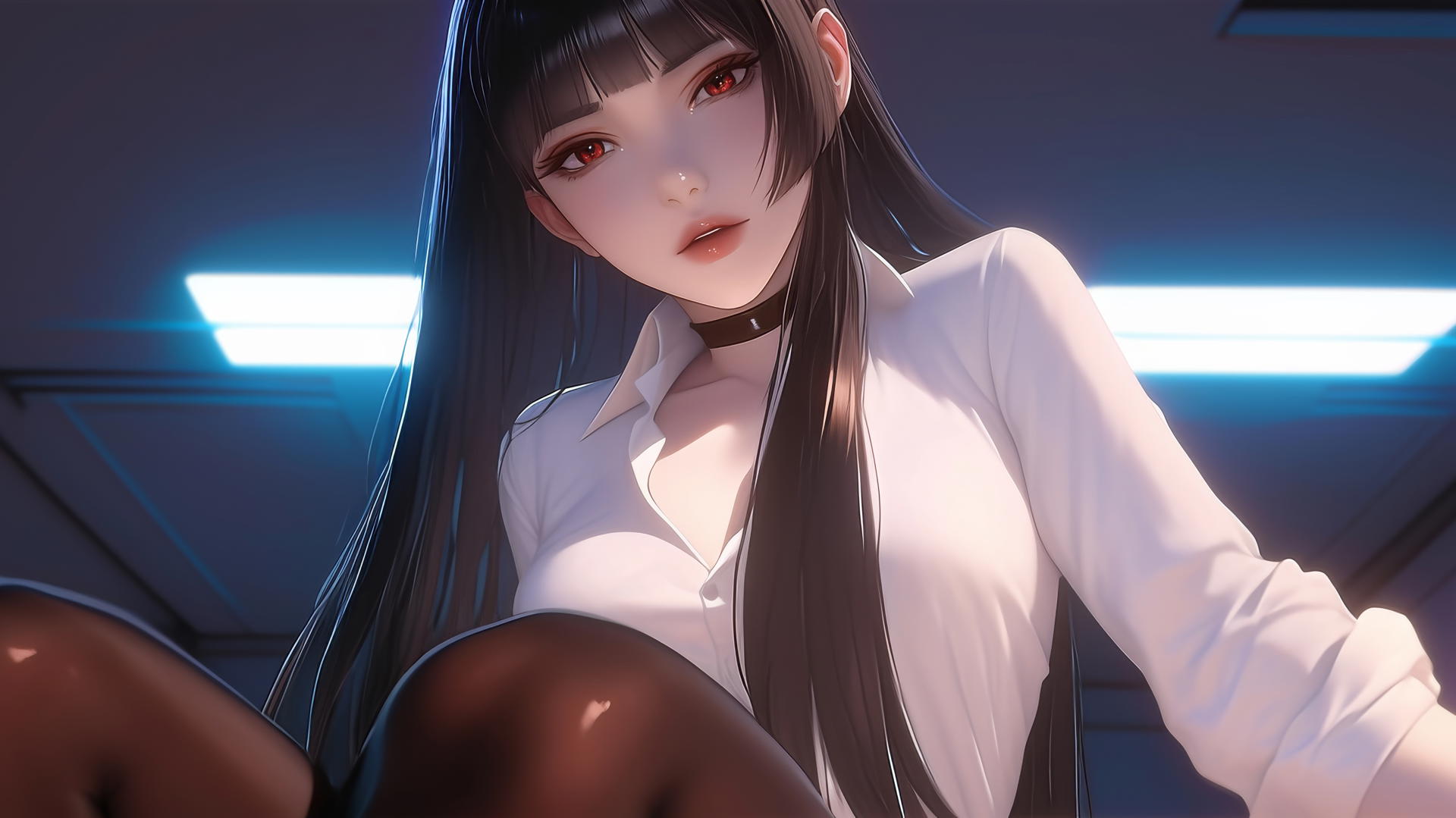 Yumeko Jabami from Kakegurui kneeling and leaning with warm light glow