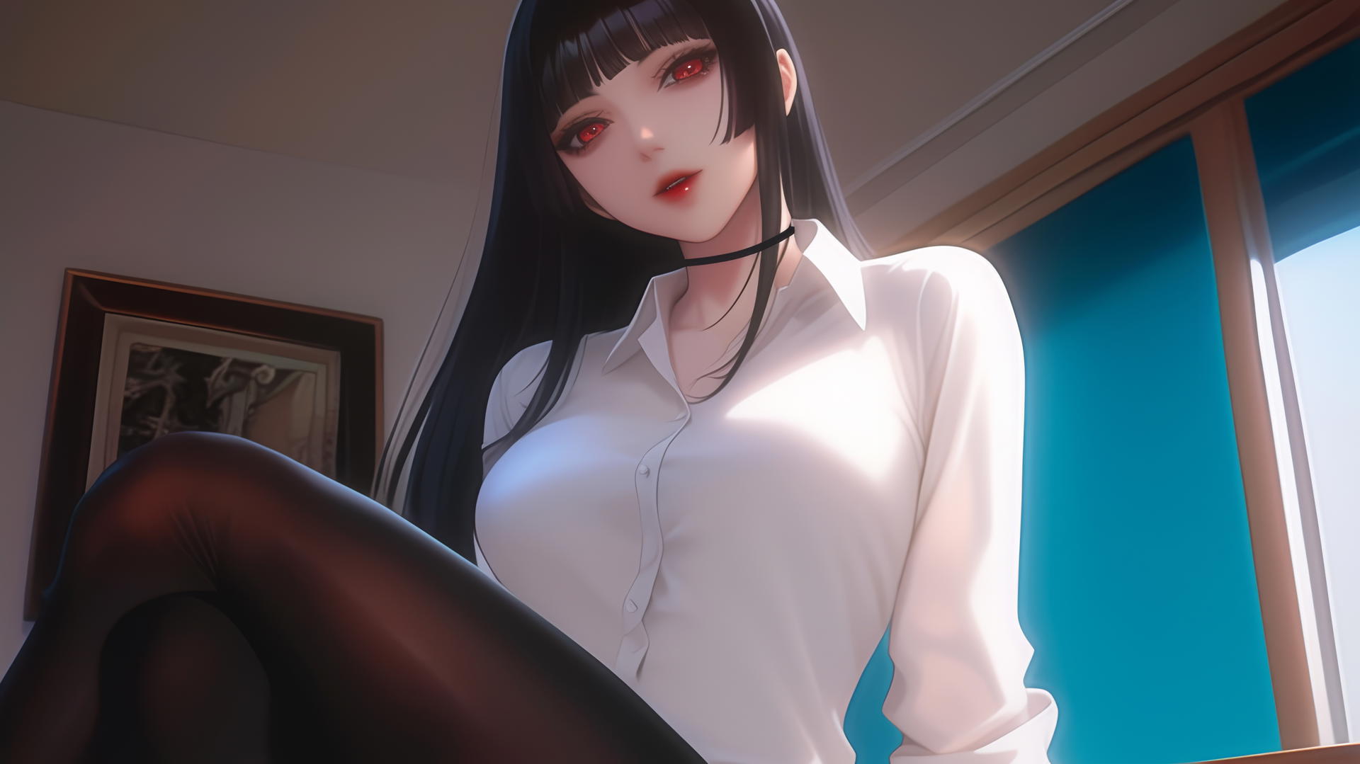 Yumeko Jabami in white shirt kneeling and looking down, warm light, ceiling background