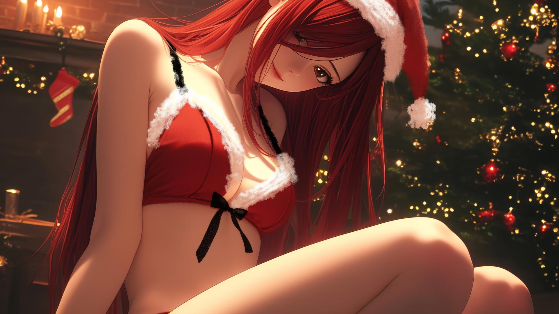 Erza Scarlet in a Christmas outfit, kneeling and looking down with a ceiling background.