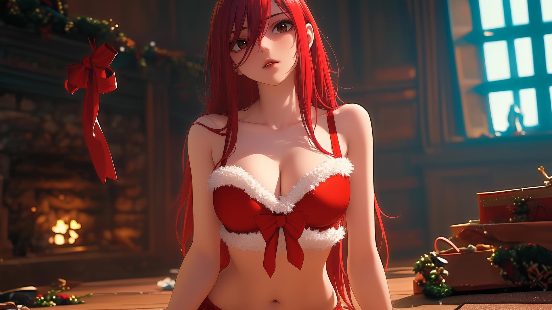 Erza Scarlet in a red Christmas outfit, kneeling with a warm glow on her