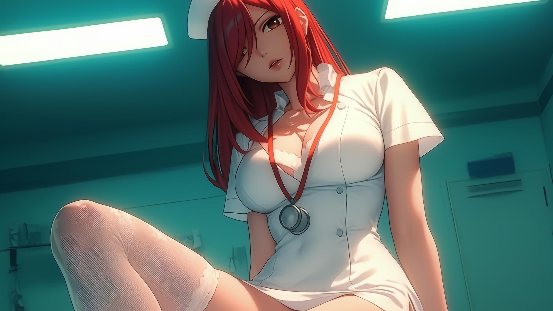 Erza Scarlet as a nurse, kneeling and leaning with warm light and ceiling background