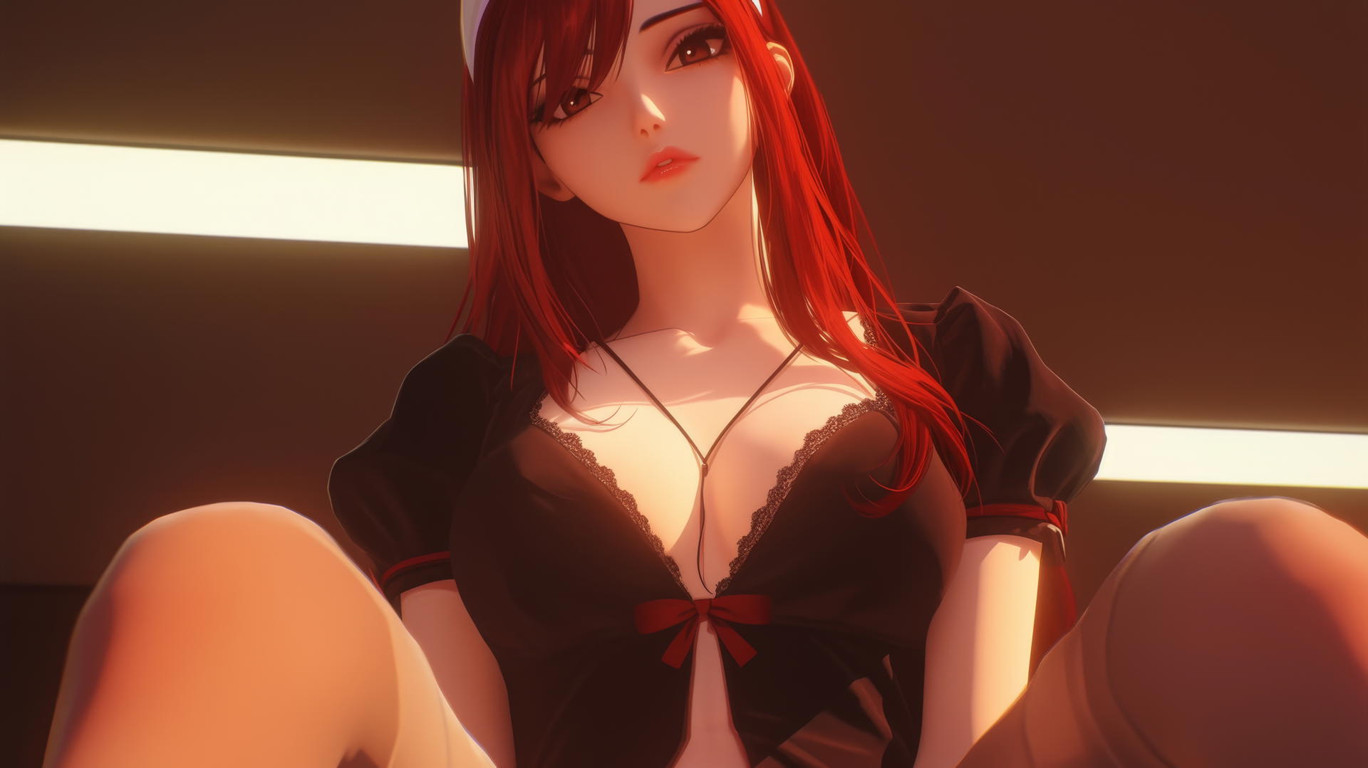 Erza Scarlet as a nurse, kneeling with a warm glow on her figure, looking down