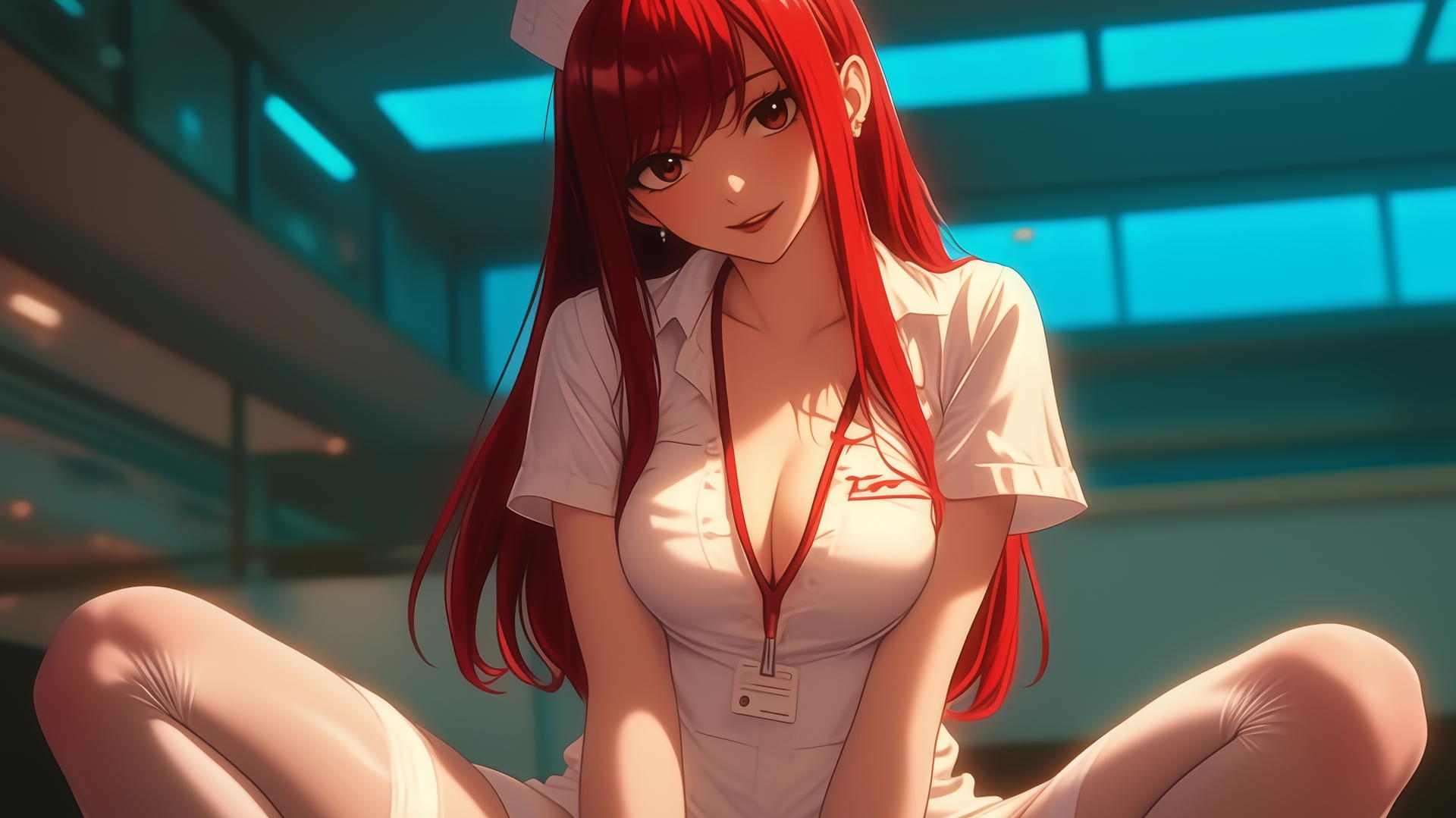 Nurse Erza Scarlet from Fairy Tail with scarlet hair, kneeling, warm light glow.