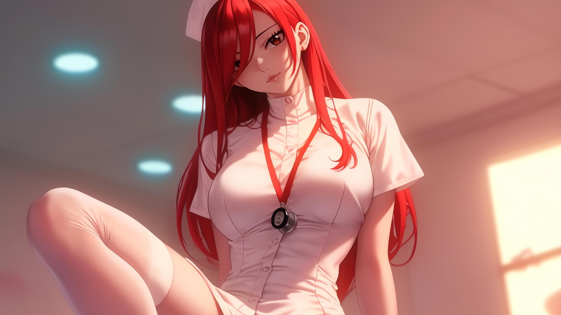 Nurse Erza Scarlet kneeling, leaning forward with warm light.