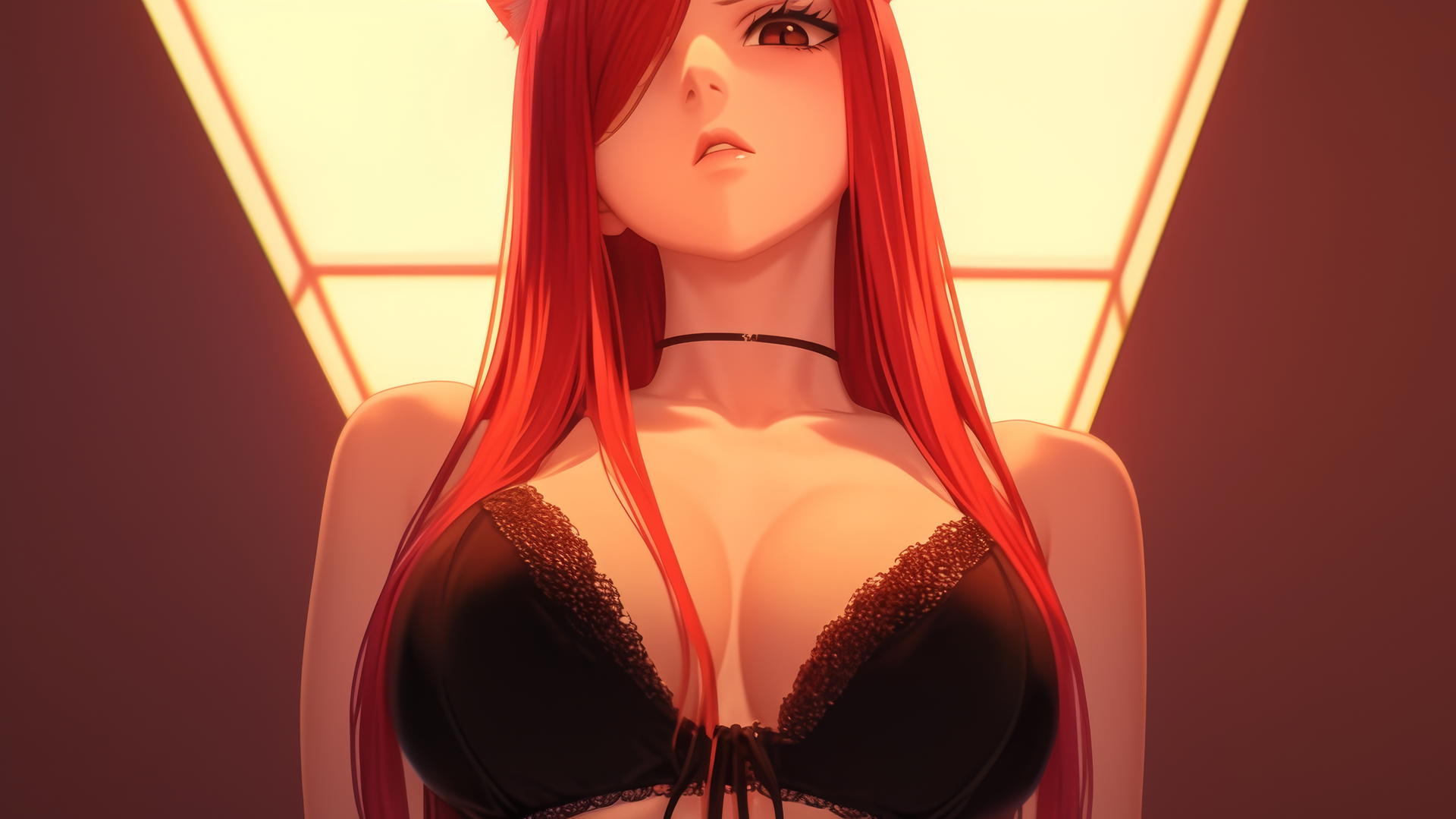 Pink cat girl with scarlet hair and brown eyes, kneeling and leaning forward, warm glow, ceiling background.