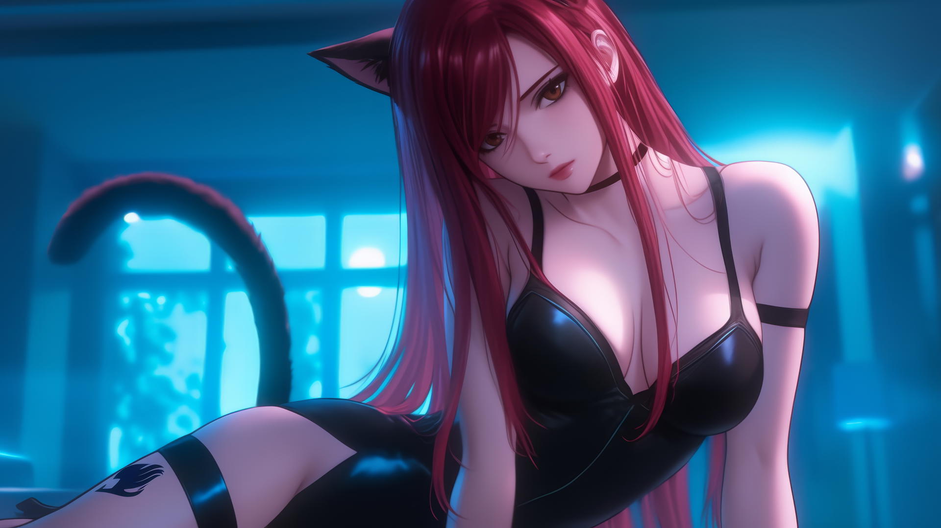 Pink cat girl resembling Erza Scarlet, kneeling and leaning forward with a ceiling background.