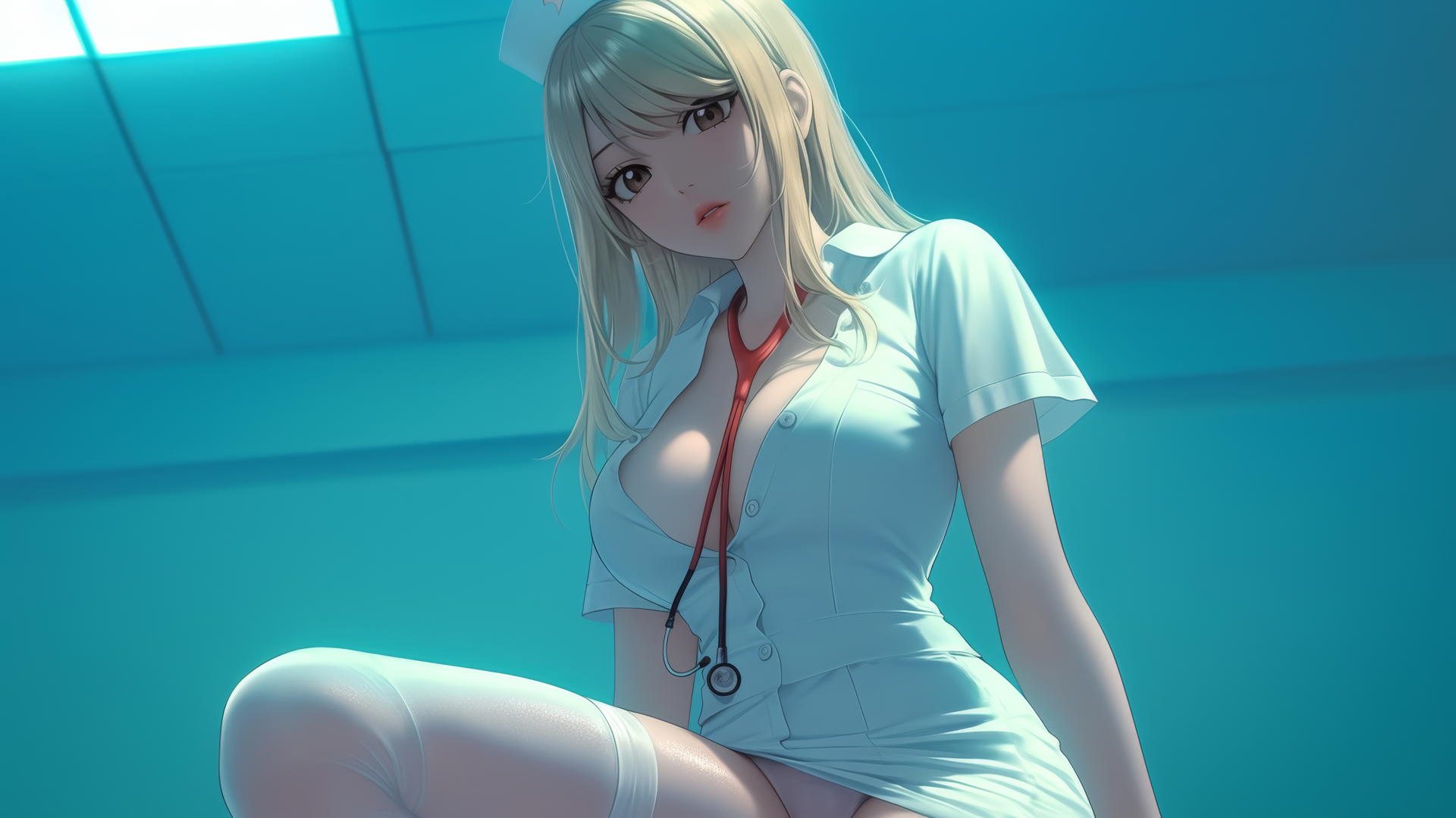 Lucy Heartfilia as a nurse, kneeling and leaning forward, warm light, ceiling background