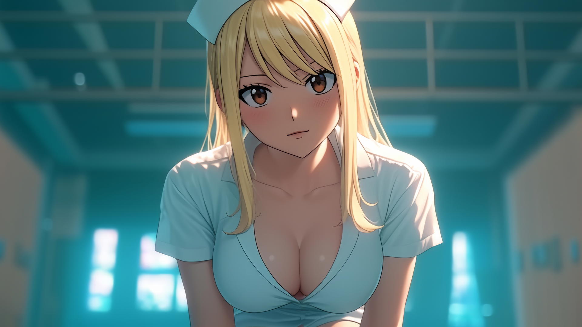 Lucy Heartfilia in hospital, kneeling, wearing white, warm light, ceiling background.
