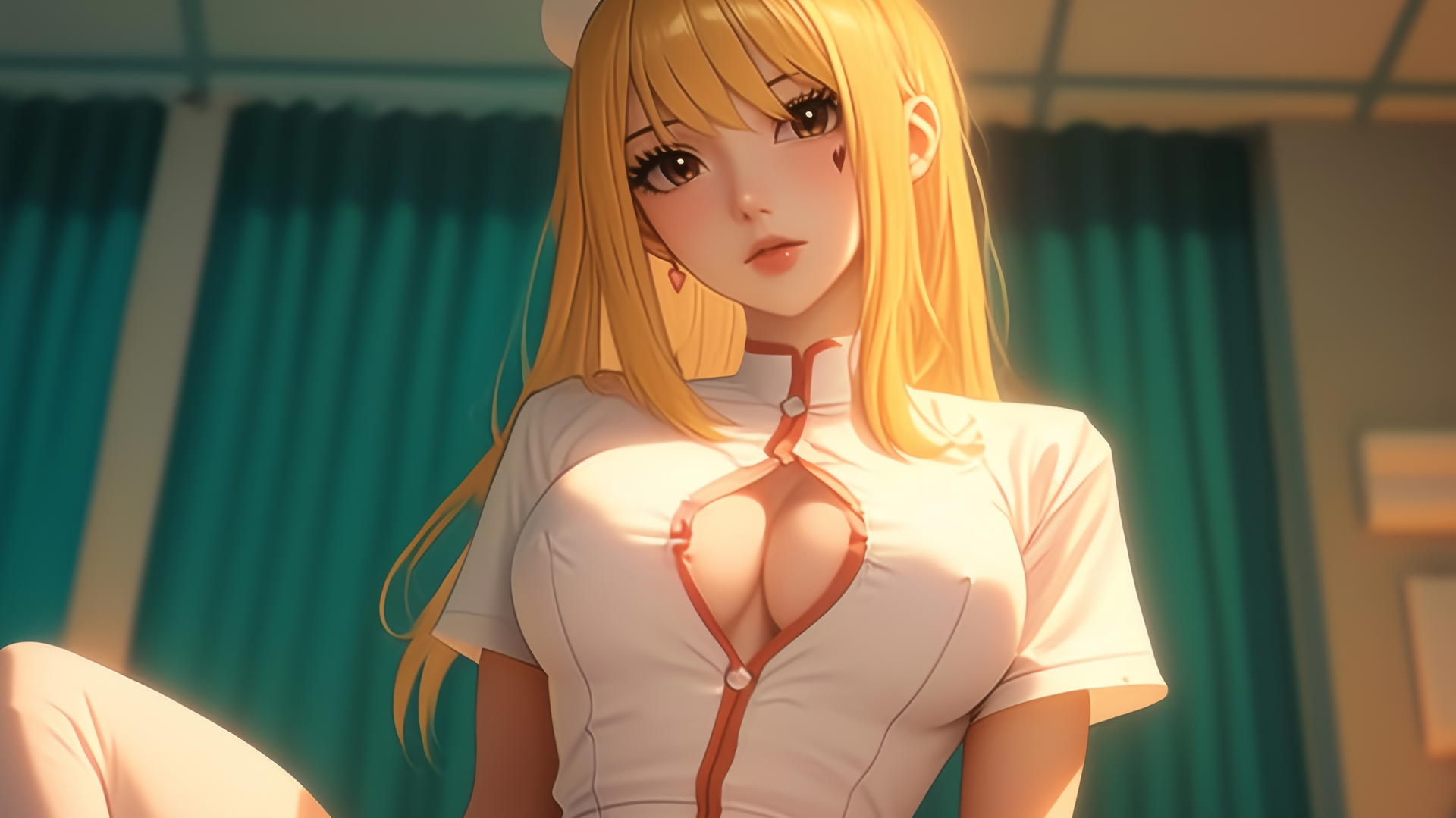 Lucy Heartfilia as a nurse, kneeling and leaning forward with warm light.
