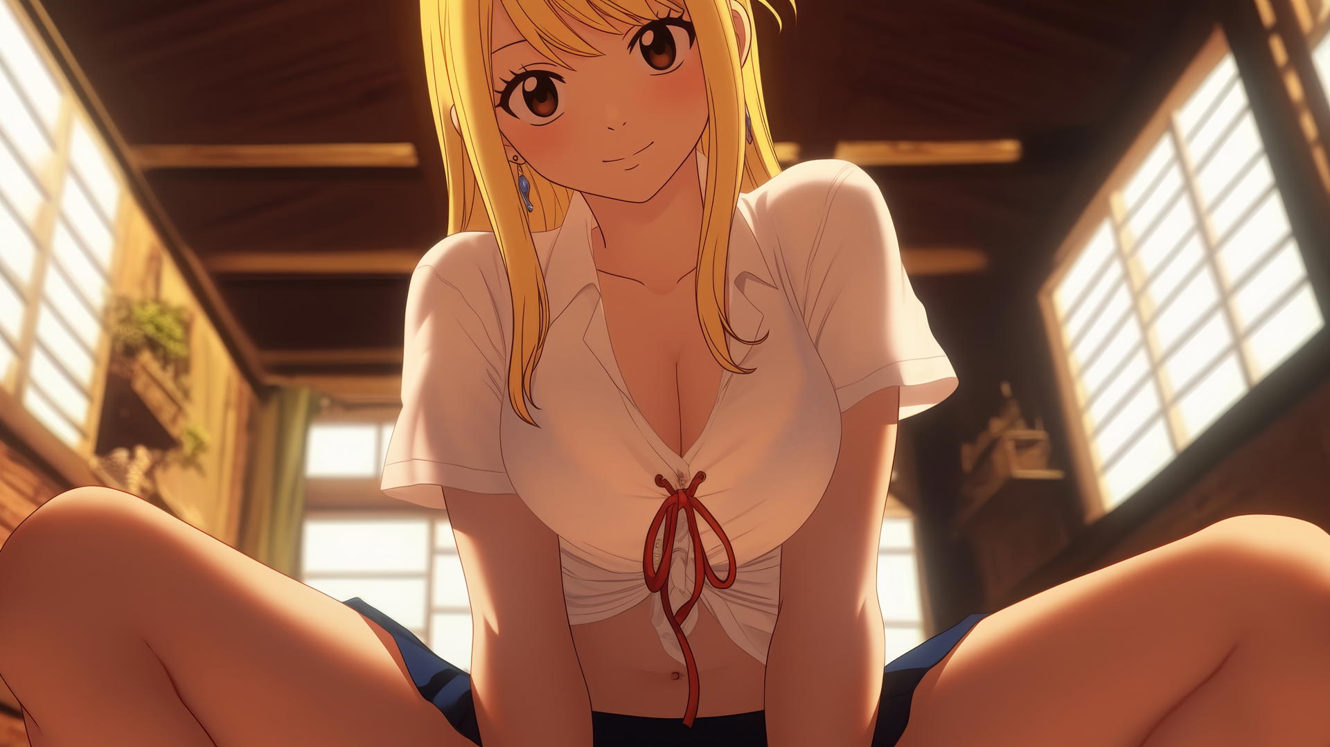 Lucy Heartfilia from Fairy Tail, dressed as a nurse, kneeling and leaning towards viewer with ceiling background.