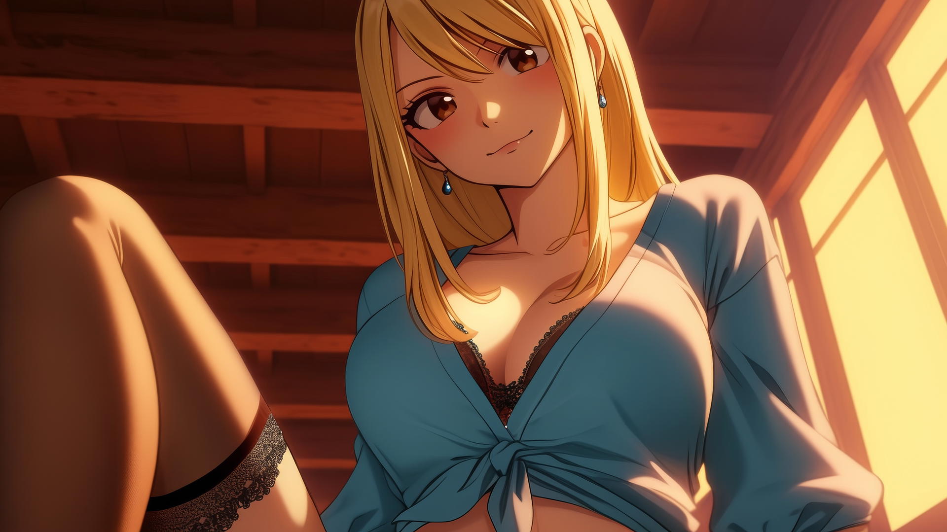 Lucy Heartfilia from Fairy Tail dressed as a nurse, kneeling and leaning forward with a warm glow.