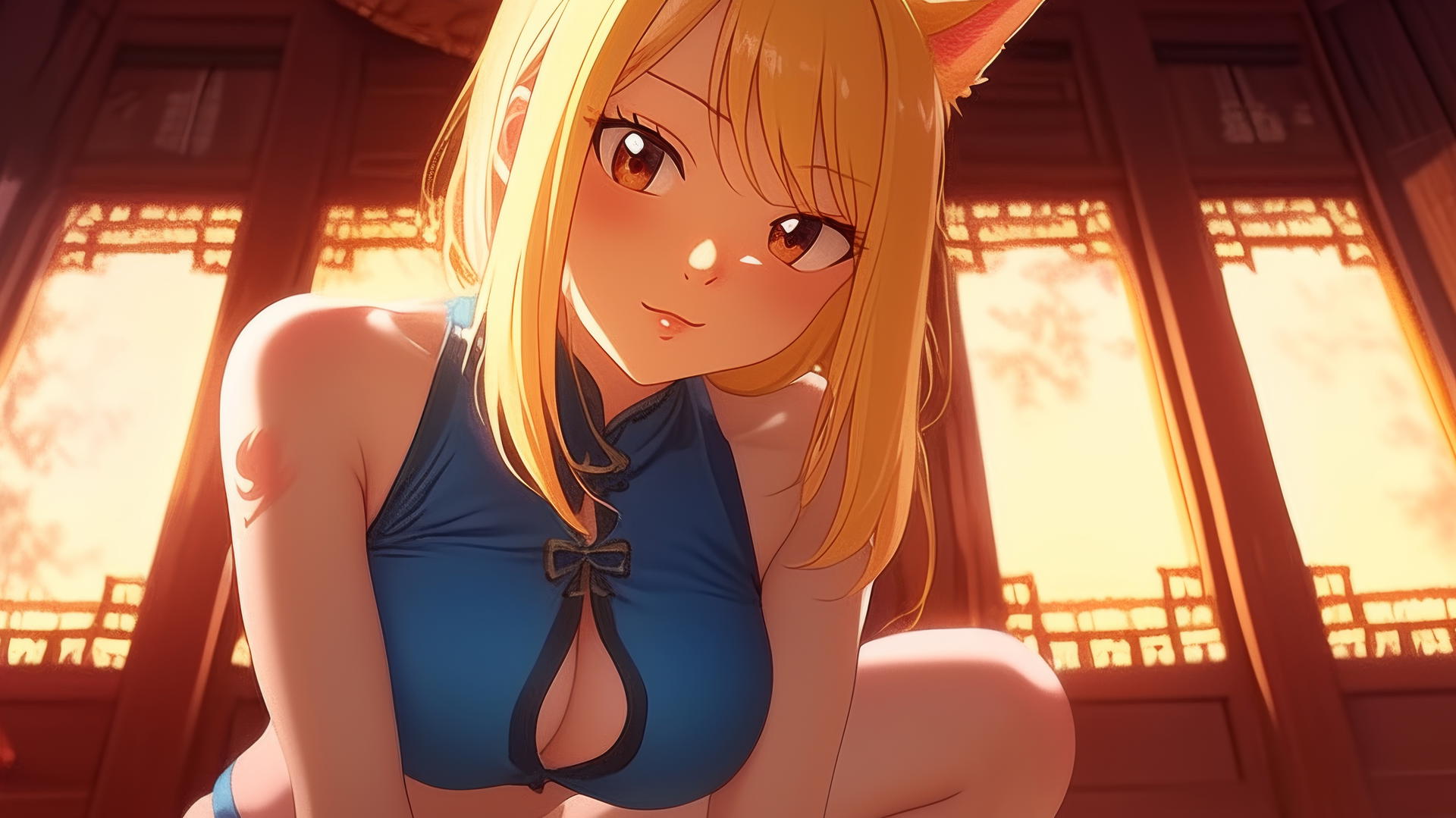 Pink cat girl resembling Lucy Heartfilia kneels with a soft glow