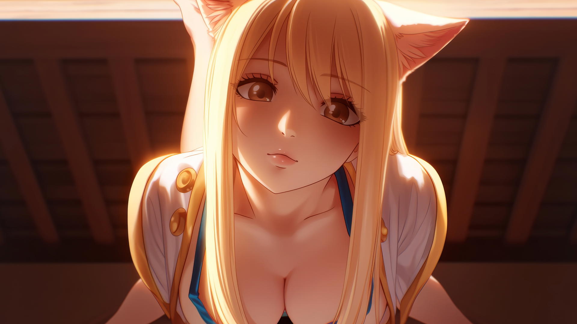 Pink cat girl resembling Lucy Heartfilia, kneeling and leaning, warm light glow.