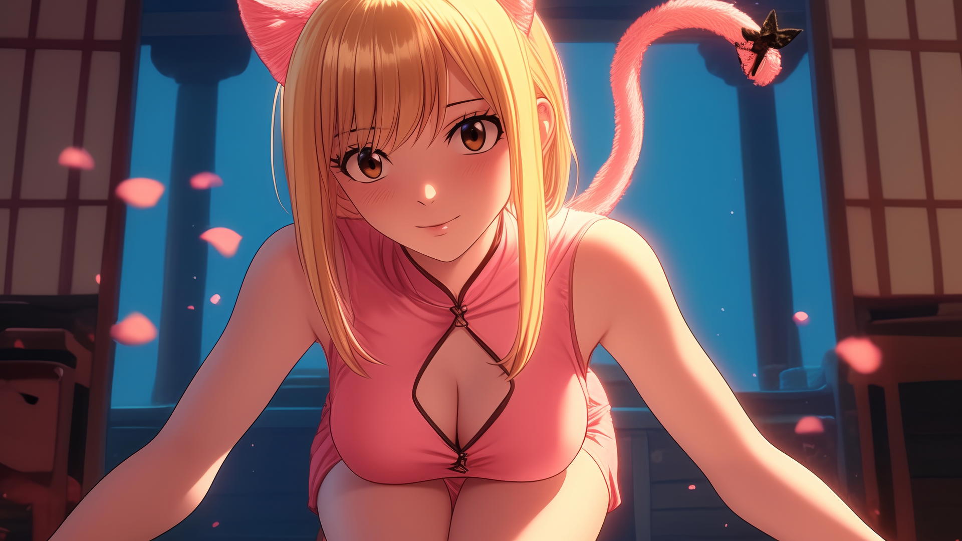 Pink cat girl Lucy Heartfilia kneeling and leaning forward with warm light
