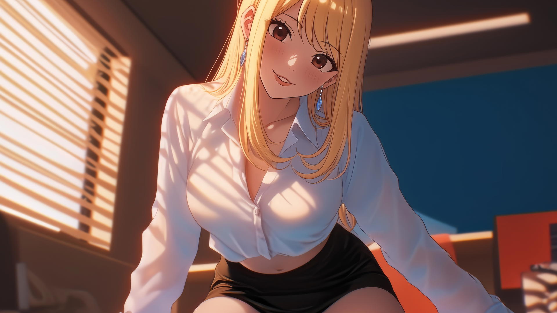 Cat girl with blonde hair and brown eyes kneeling and leaning forward in office shirt.
