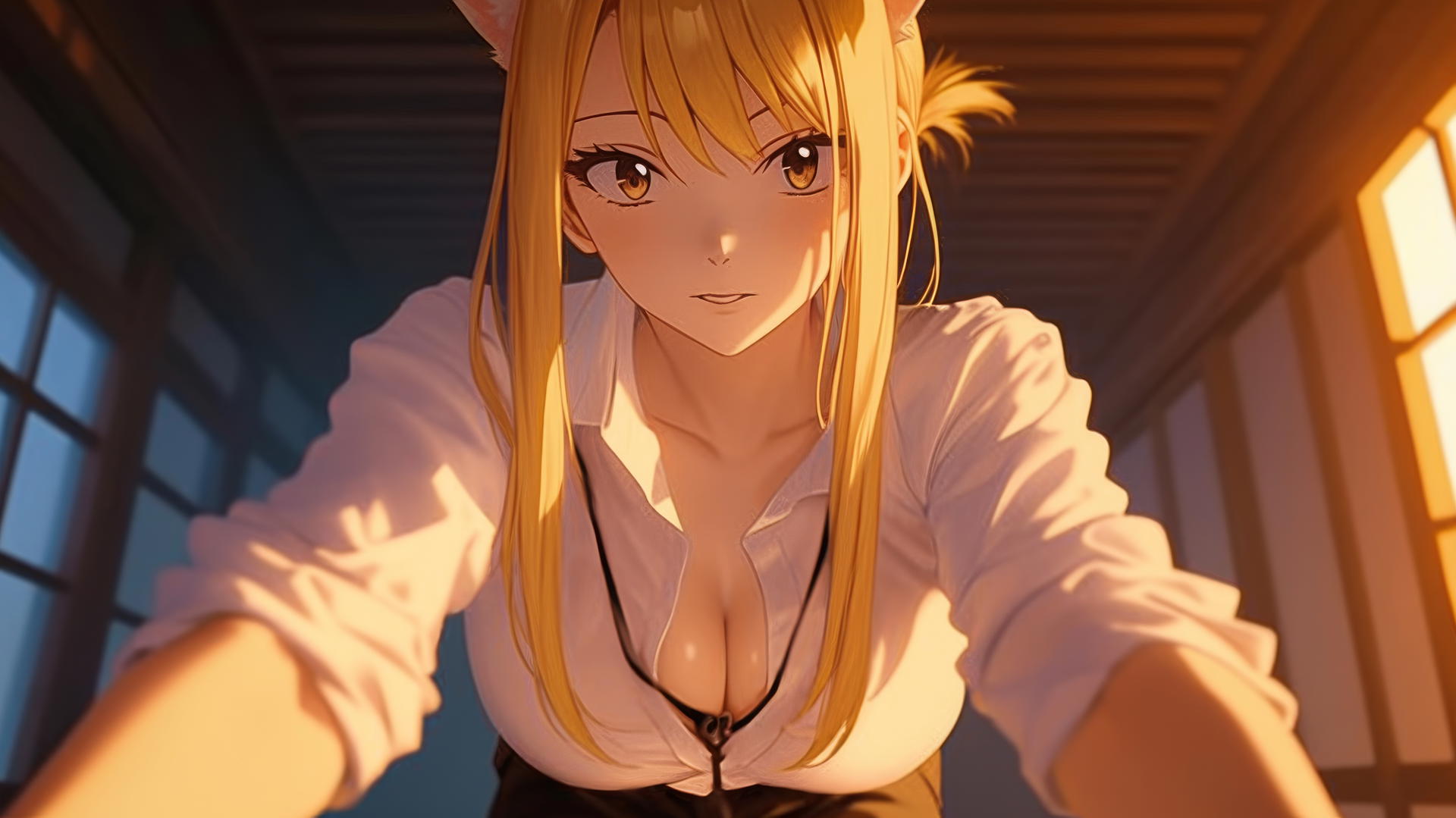 Cat girl in office shirt kneeling, warm light, ceiling background.