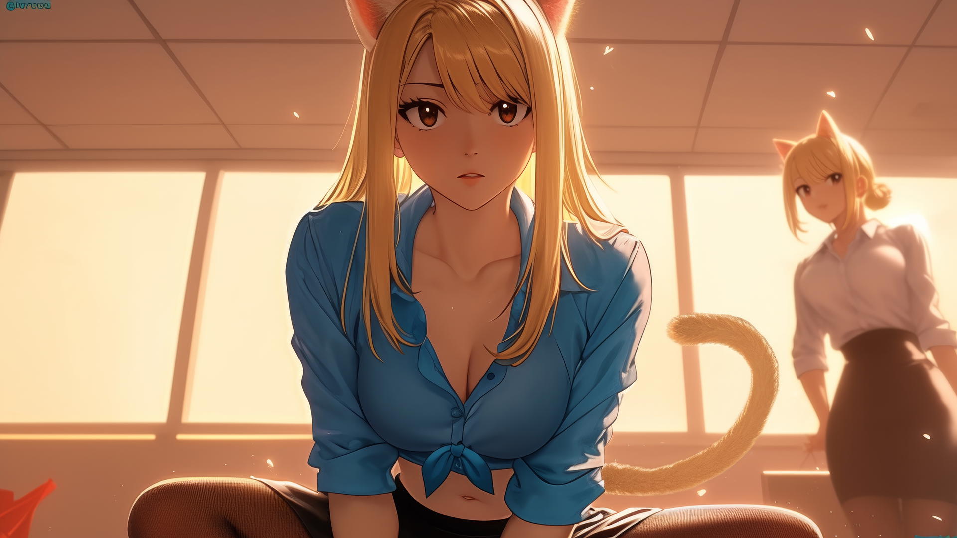 Cat girl in office shirt, brown eyes, shoulder-length blonde hair, kneeling and leaning forward, seen from below, ceiling background, warm light glow.