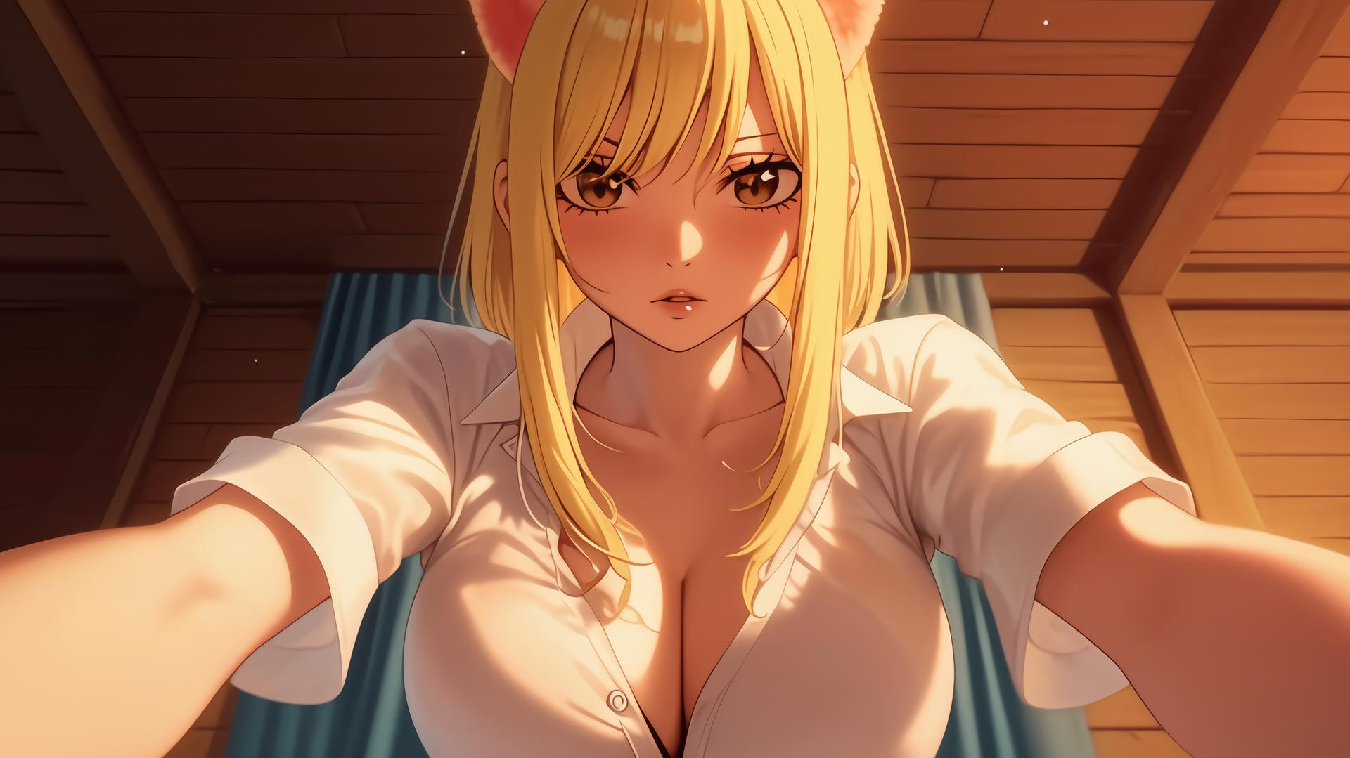 Cat girl in office shirt kneeling and leaning forward, with ceiling background