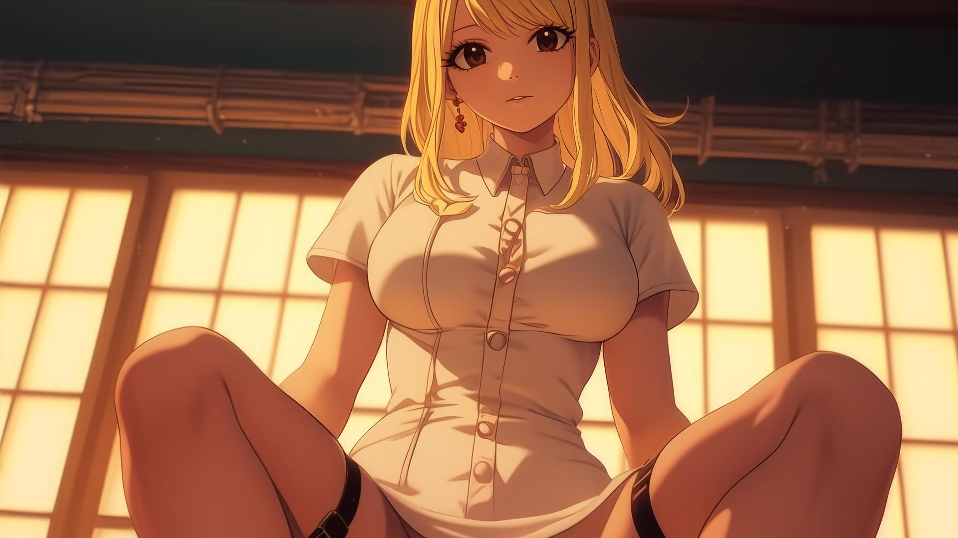 Lucy Heartfilia kneeling as a nurse, looking down with warm light and ceiling background.