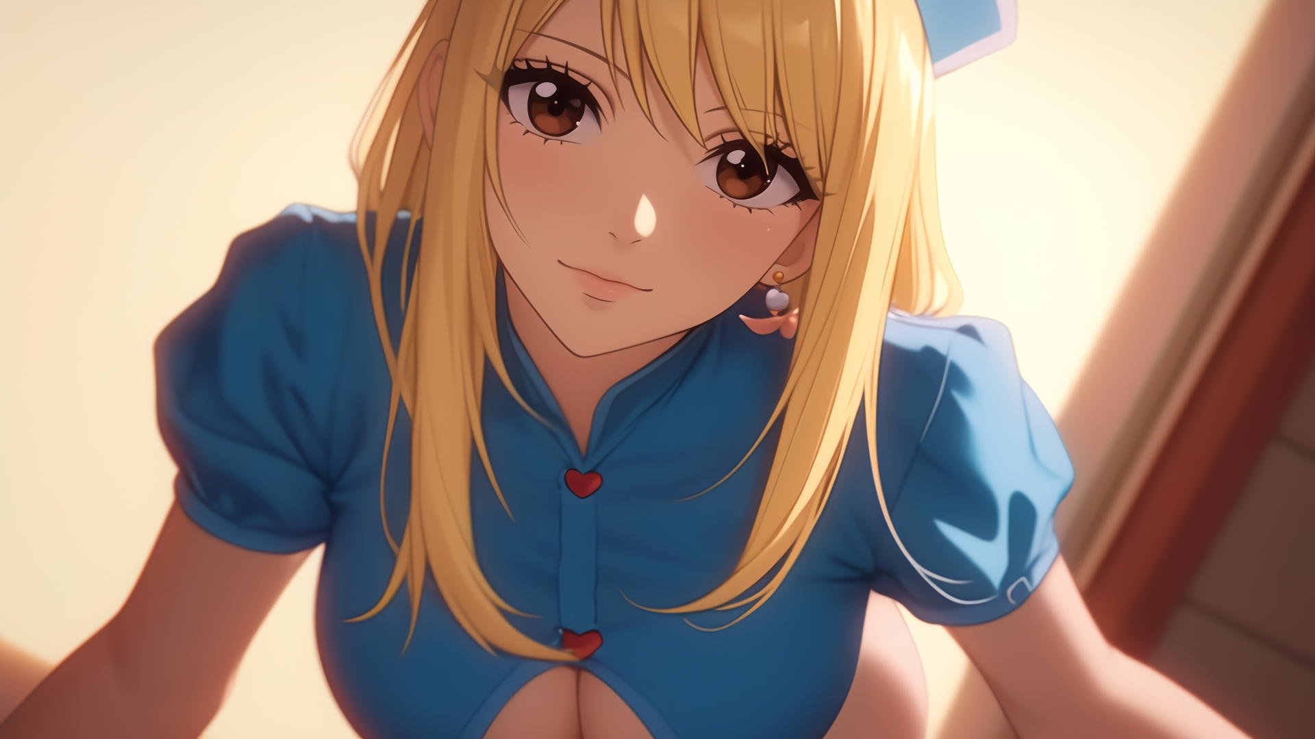 Lucy Heartfilia as a nurse, kneeling and leaning, seen from below with warm light