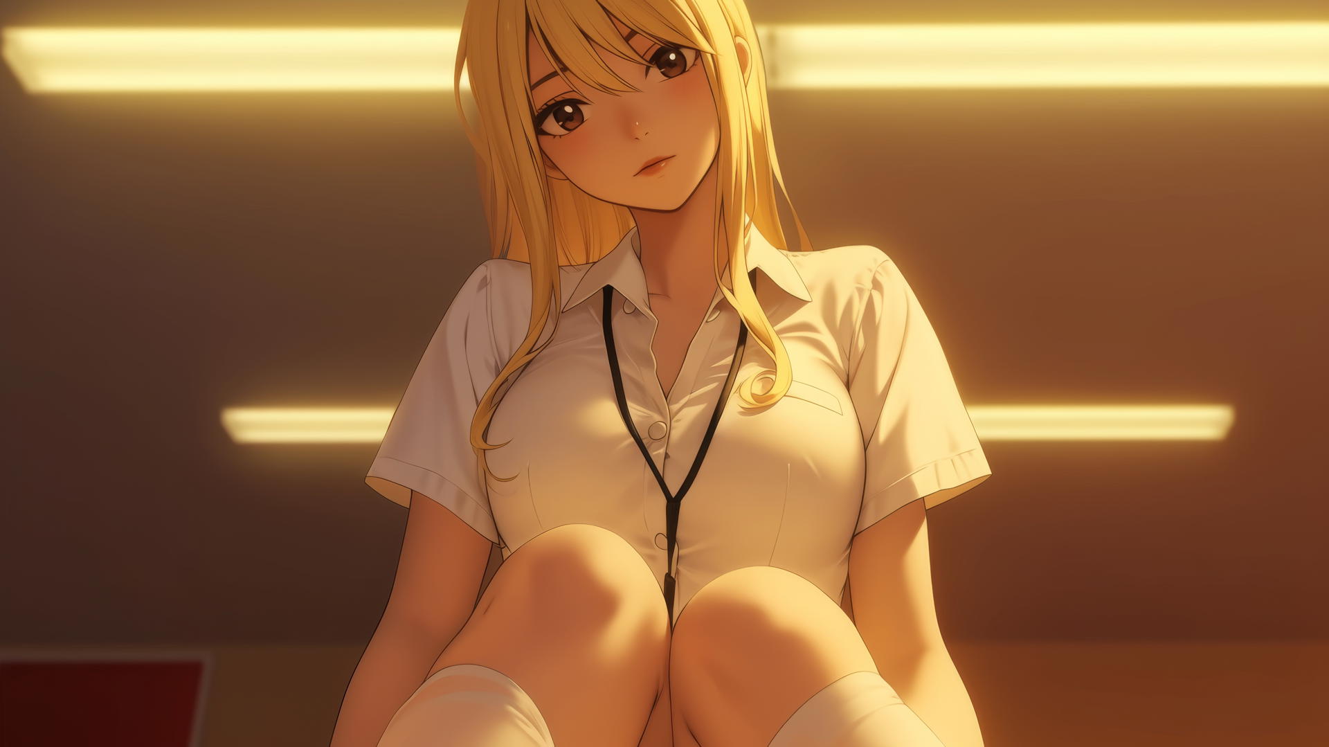 Lucy Heartfilia, dressed as a nurse, kneeling and leaning forward with warm light casting a glow.
