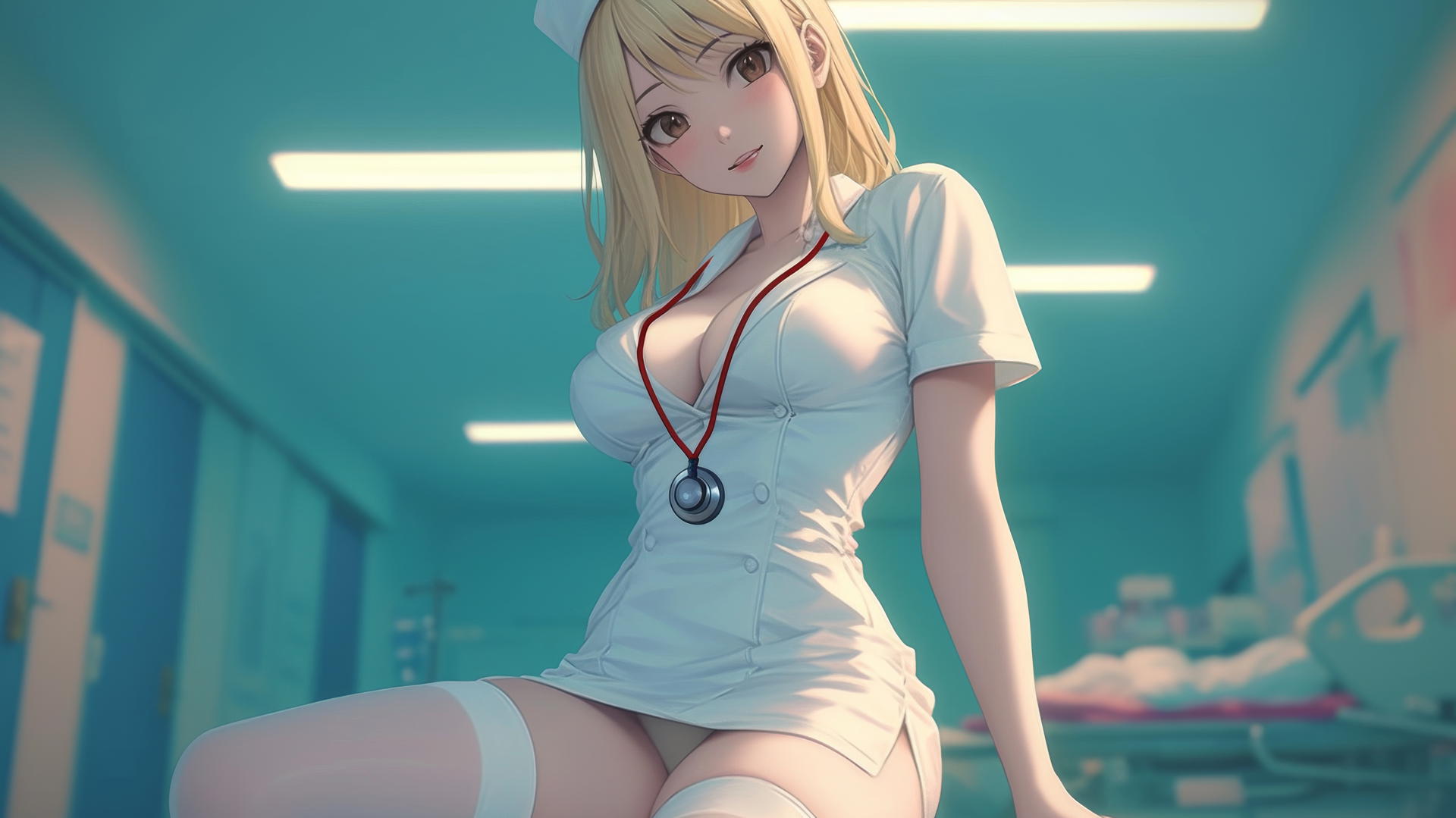 Lucy Heartfilia as a nurse, kneeling and leaning with warm light glowing.