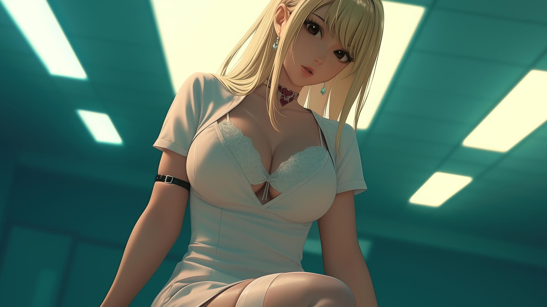 Lucy Heartfilia as a nurse leaning down with warm light and ceiling background