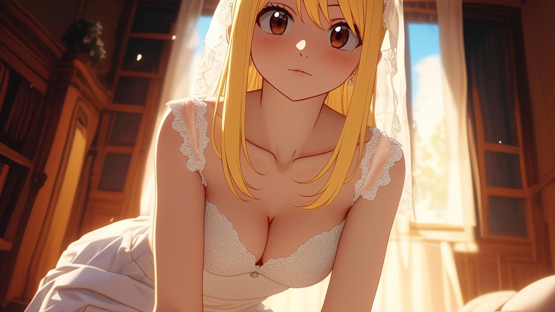 Lucy Heartfilia in a wedding dress kneeling, looking down with a warm glow