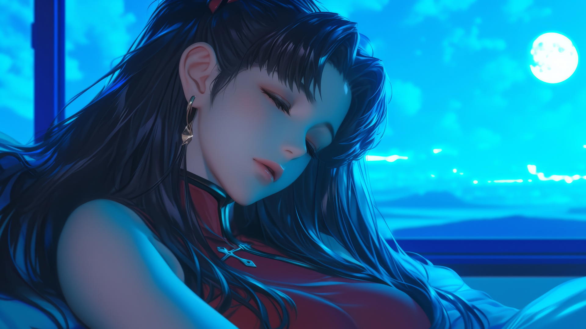 Misato Katsuragi with long dark violet hair and dark brown eyes, relaxing in a modern hotel room under moonlight.