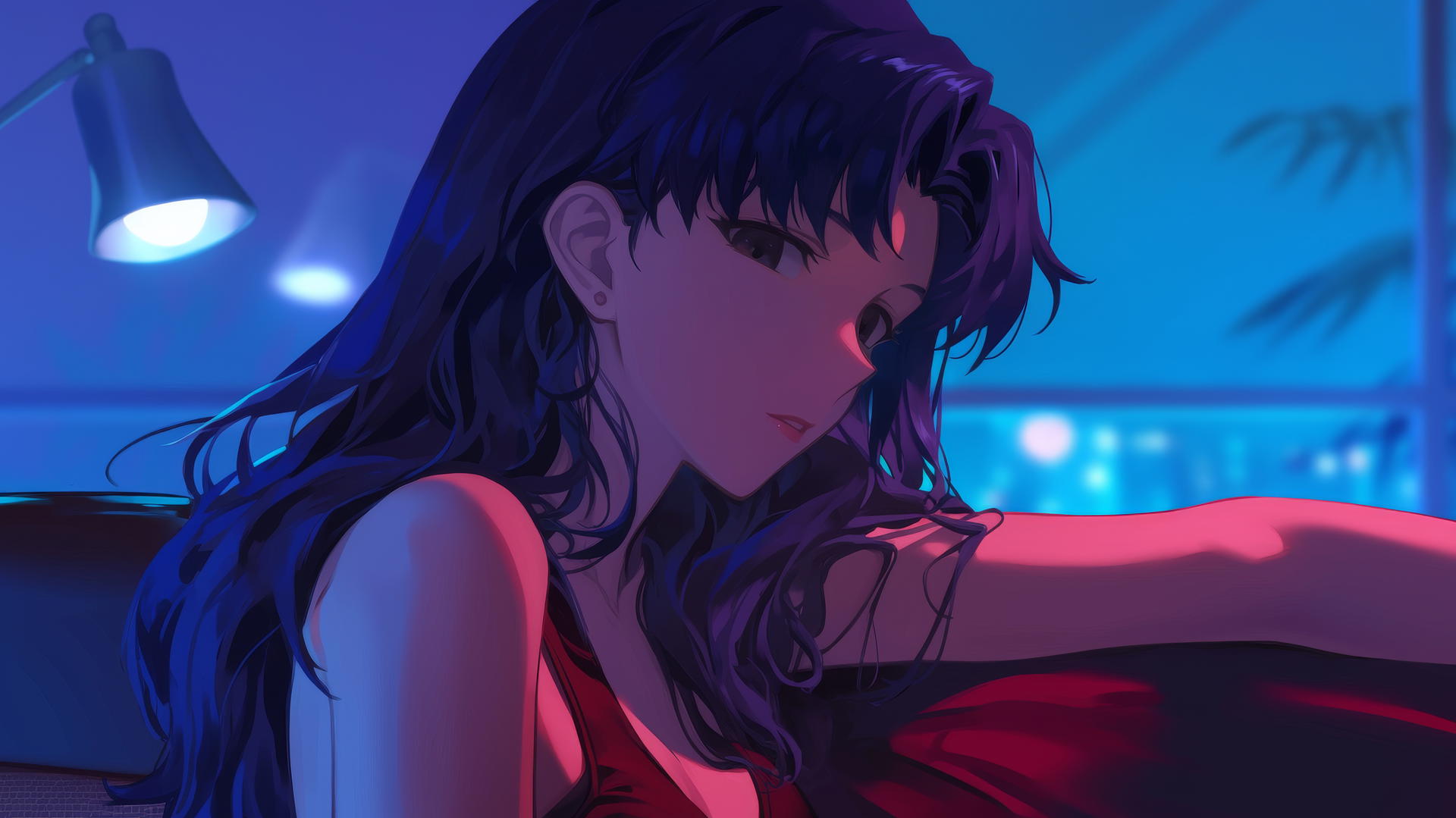 Misato Katsuragi with long dark violet hair, resting in a moonlit modern hotel room