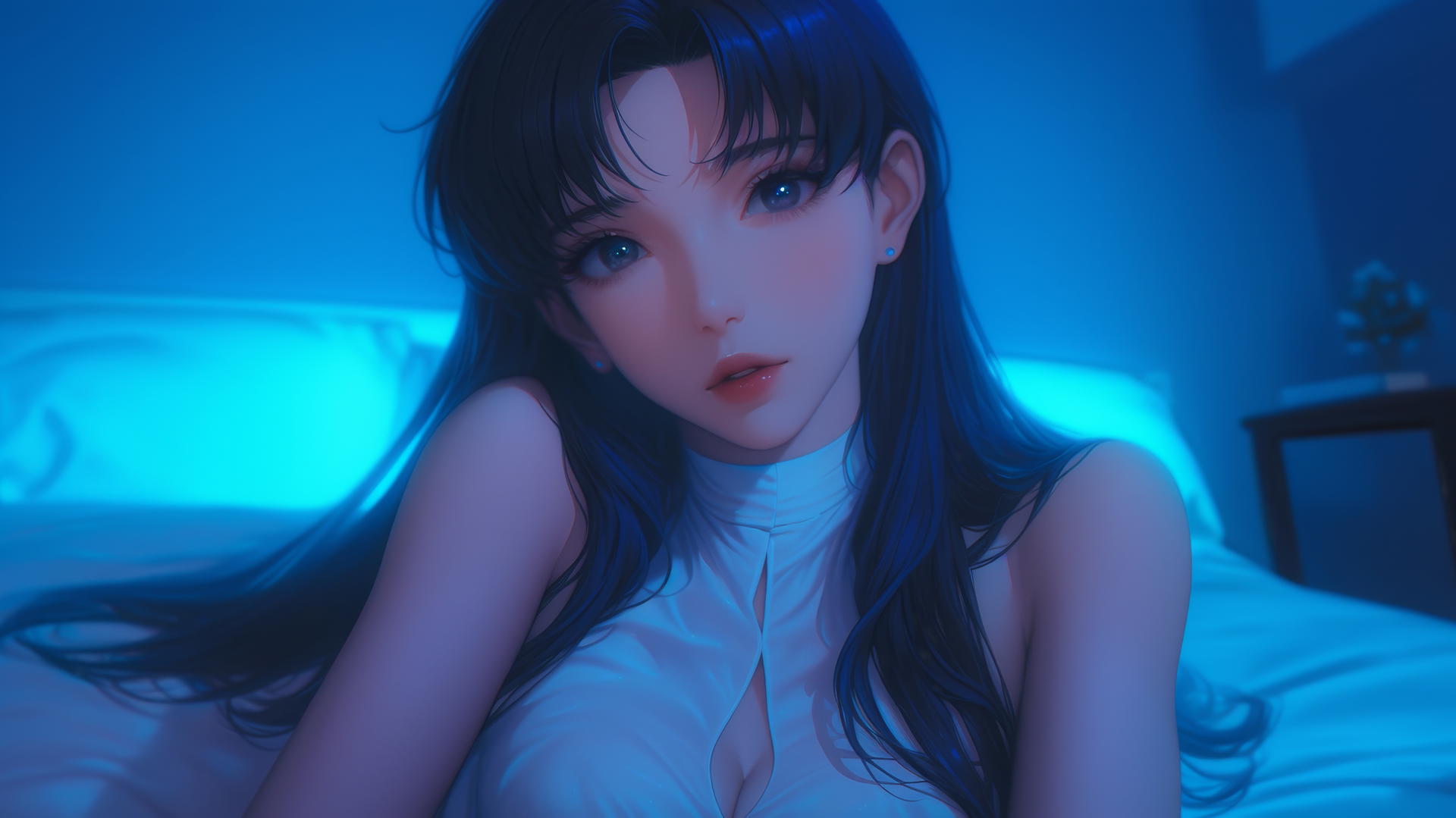 Misato Katsuragi resting in a modern hotel room under moonlight