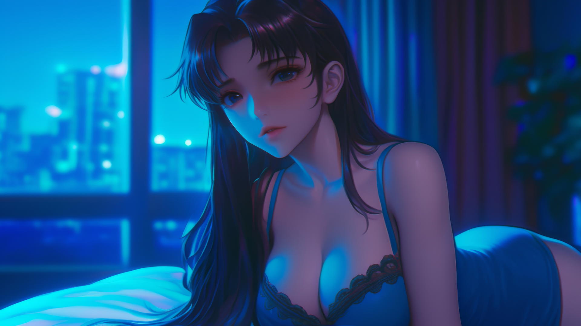 Misato Katsuragi from Neon Genesis Evangelion, with long dark violet hair, resting in a moonlit modern hotel room.