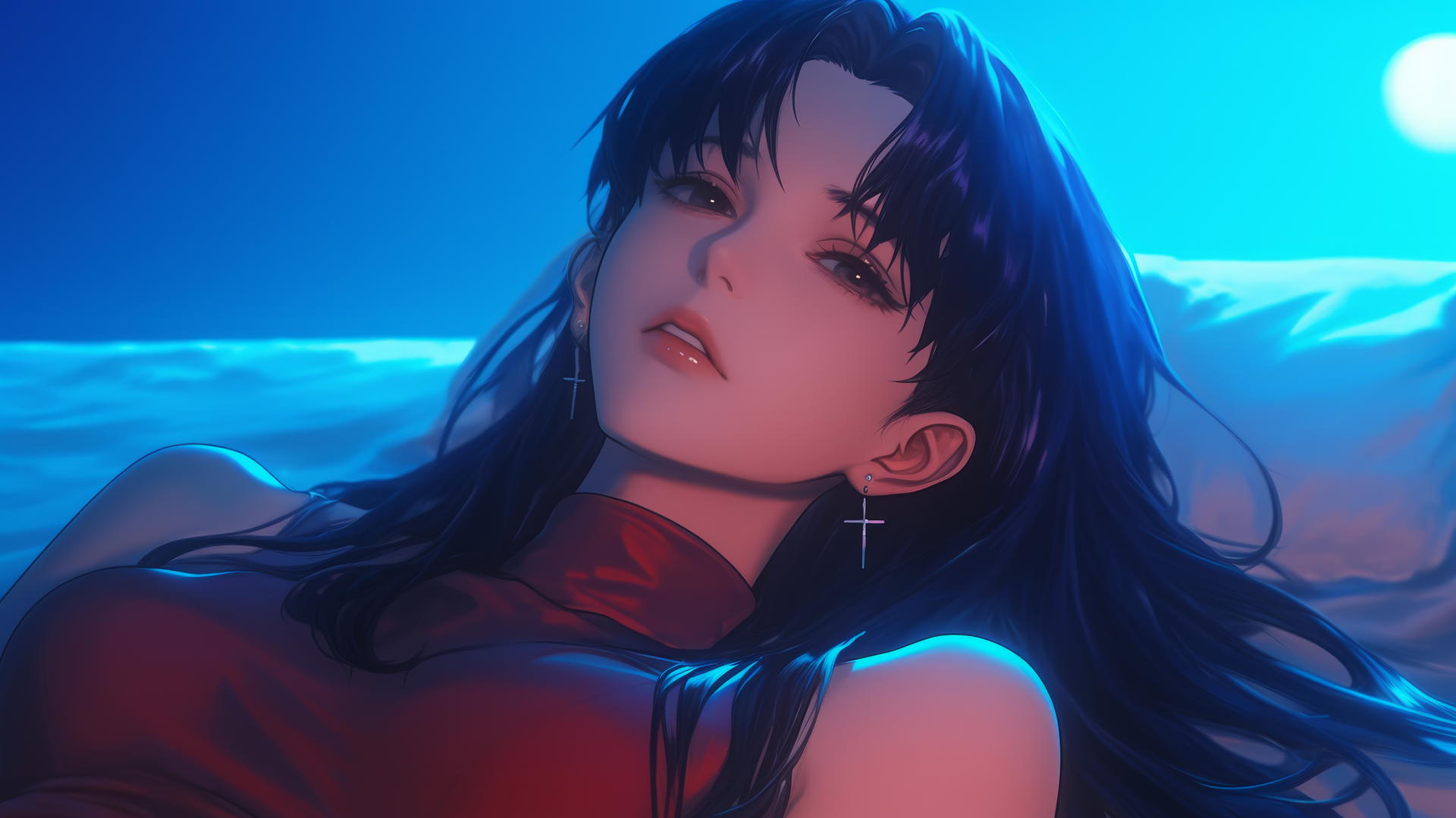 Misato Katsuragi with long dark violet hair, resting in a hotel room with moonlight.