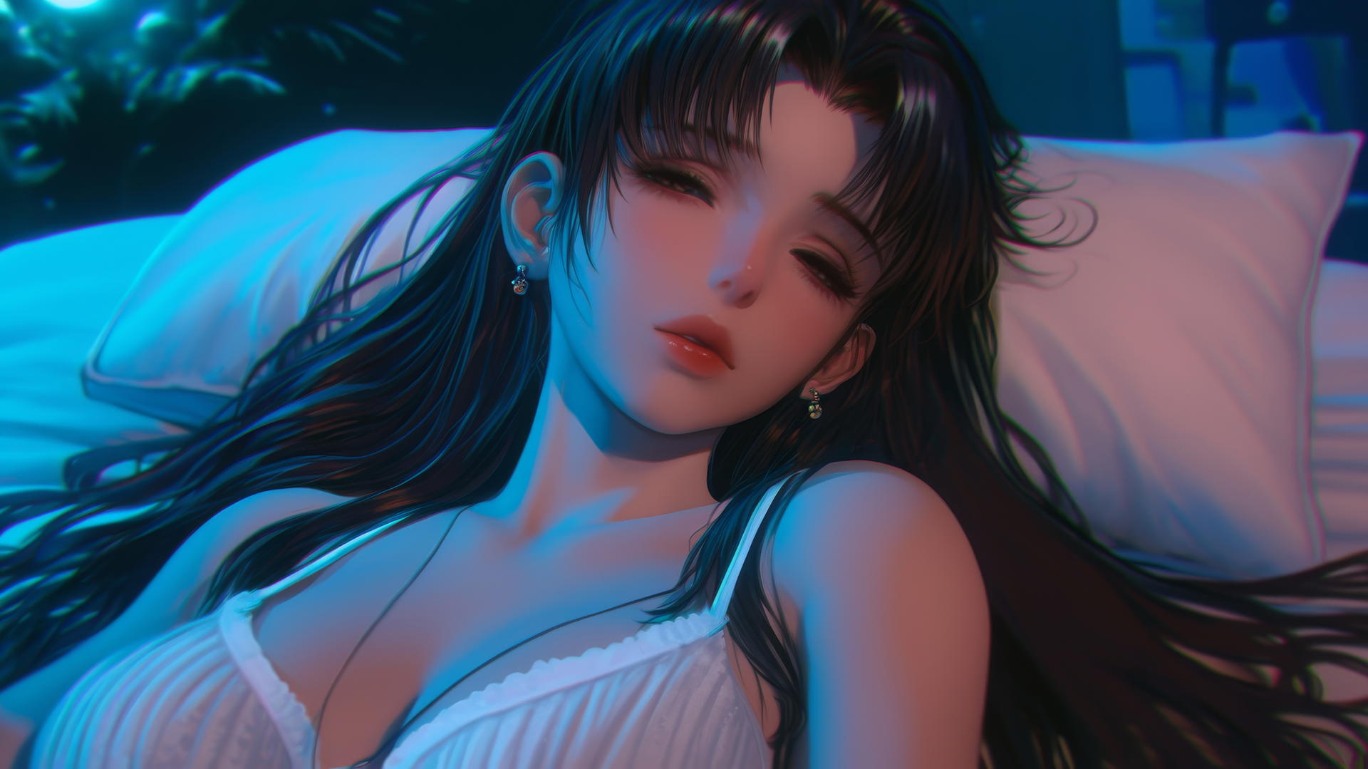 Misato Katsuragi with violet hair and dark brown eyes resting in a moonlit hotel room.